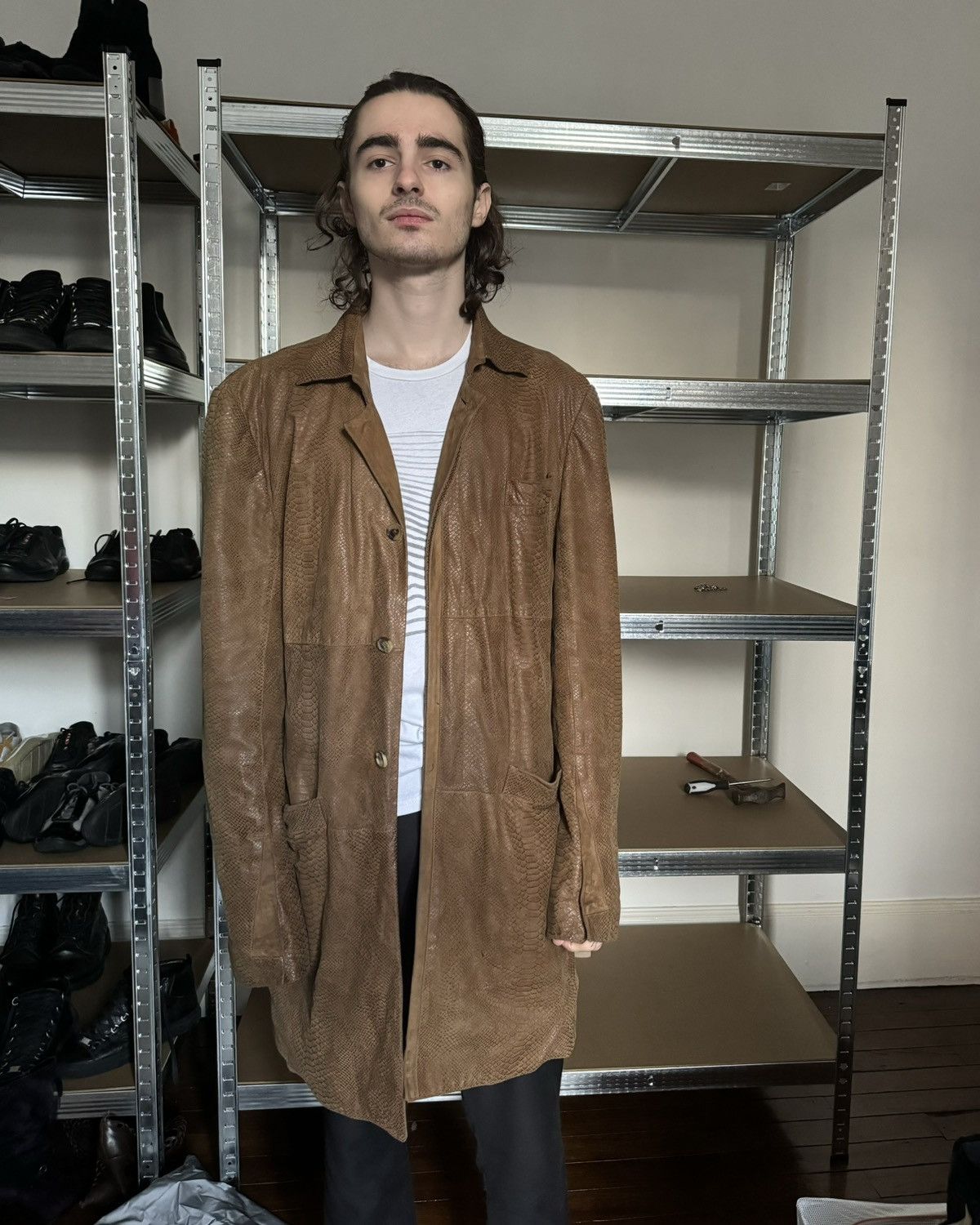 image of Archival Clothing x Roberto Cavalli 1990S Roberto Cavalli Camel Genuine Long Leather Jacket (Size L