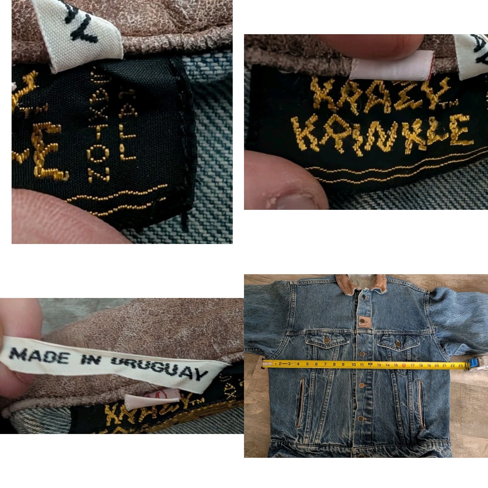 Denime VINTAGE Krazy Krinkle Denim Jean Jacket Mens Medium 43 Blue Leather Collar 80s Casual Workwear Mens Size US 31 - 8 Thumbnail
