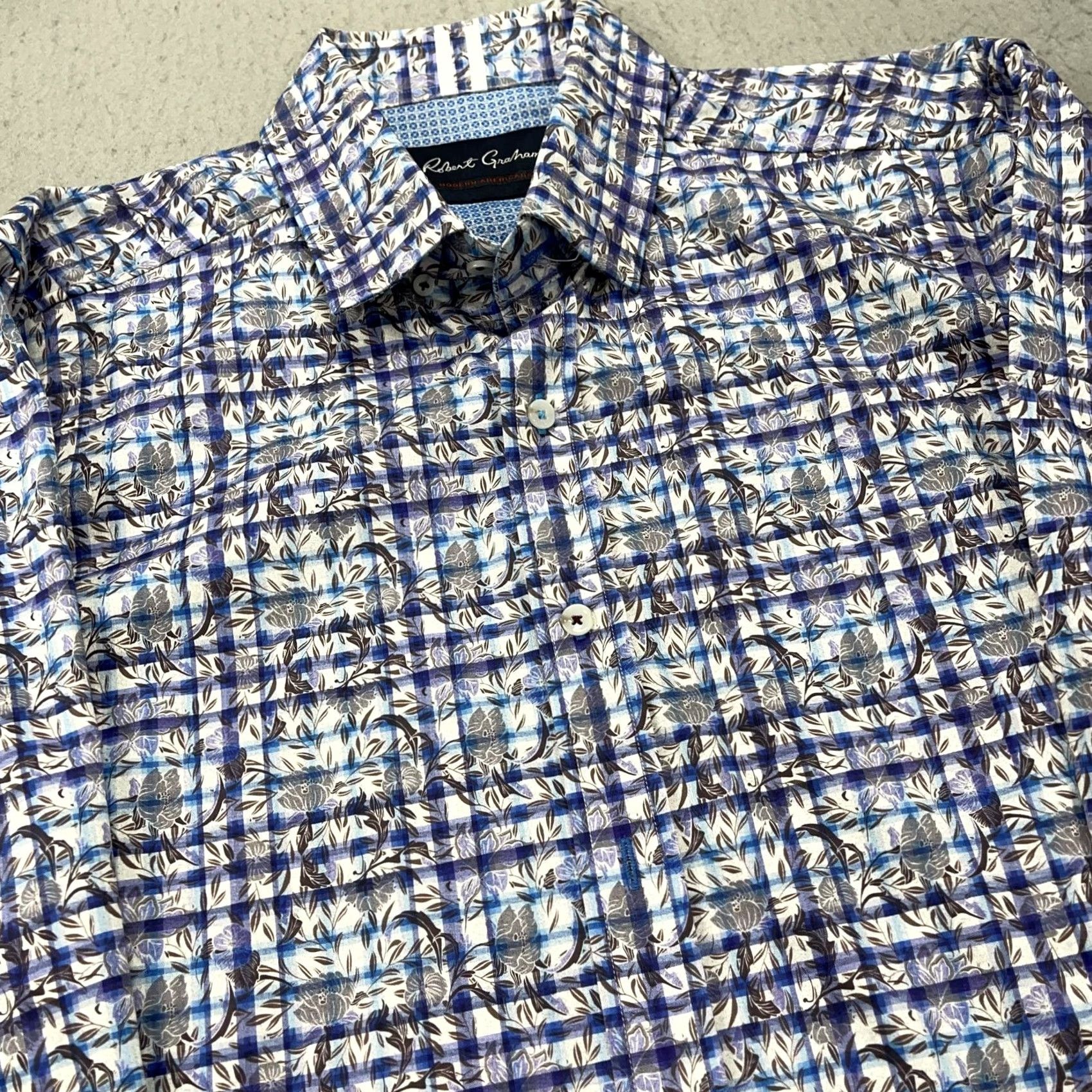 Robert Graham Robert Graham Shirt Mens XL Blue Plaid Floral Tailored Fit Stretch Button Up AOP Size US XL / EU 56 / 4 - 3 Thumbnail