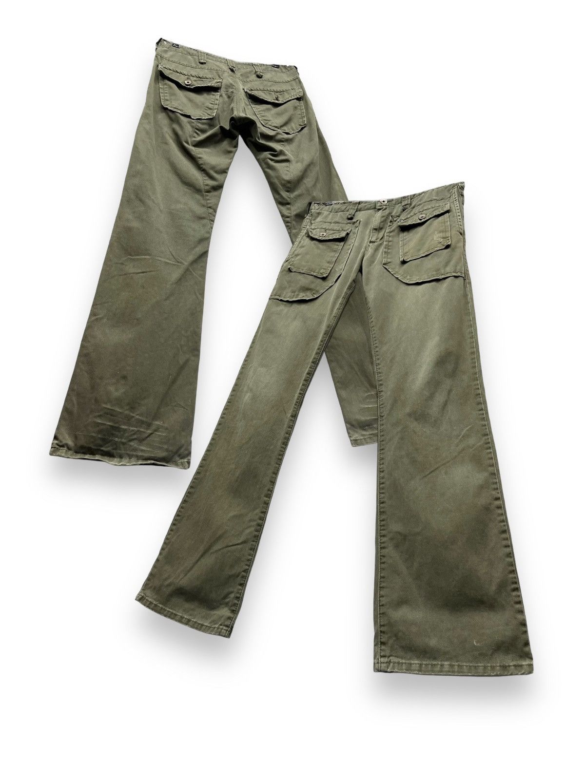 Vtg EDWIN 505 KHAKI Bush Pants Natural Distressed Flare💥