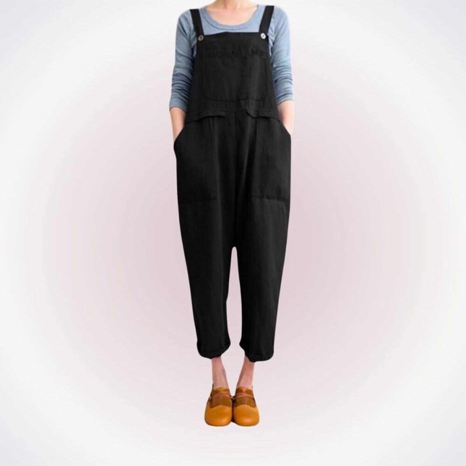 Baggy Oversized Linen-Feel Overalls with Pockets Sz S