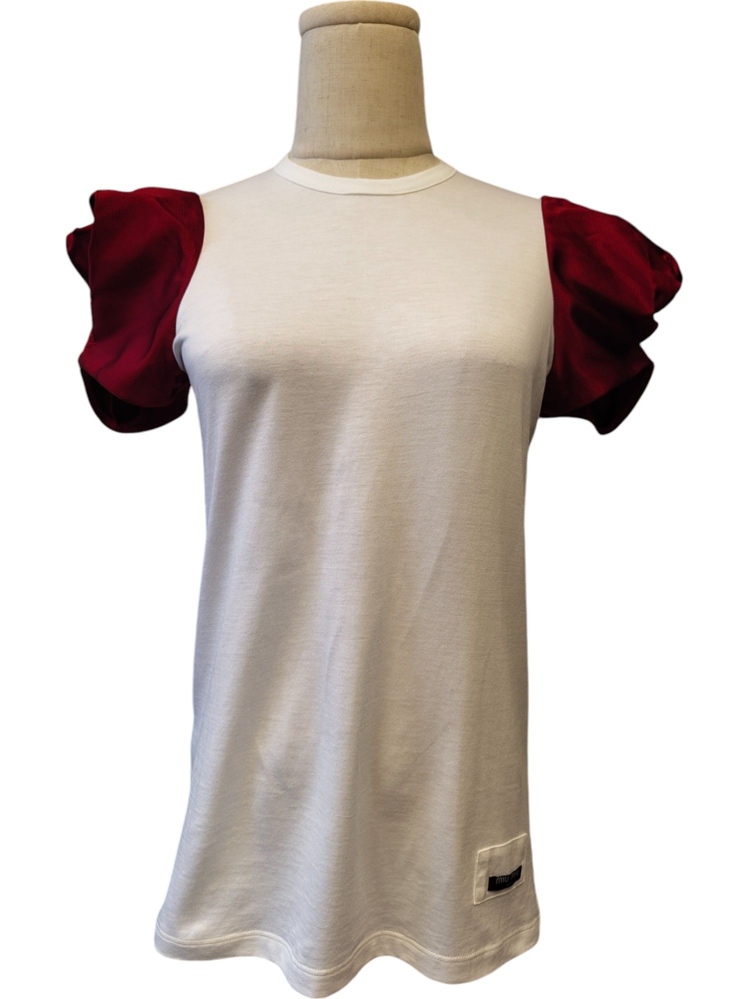 Miu Miu White T-Shirt With Red Puffed Sleeves Size XS / US 0-2 / IT 36-38 - 3 Thumbnail