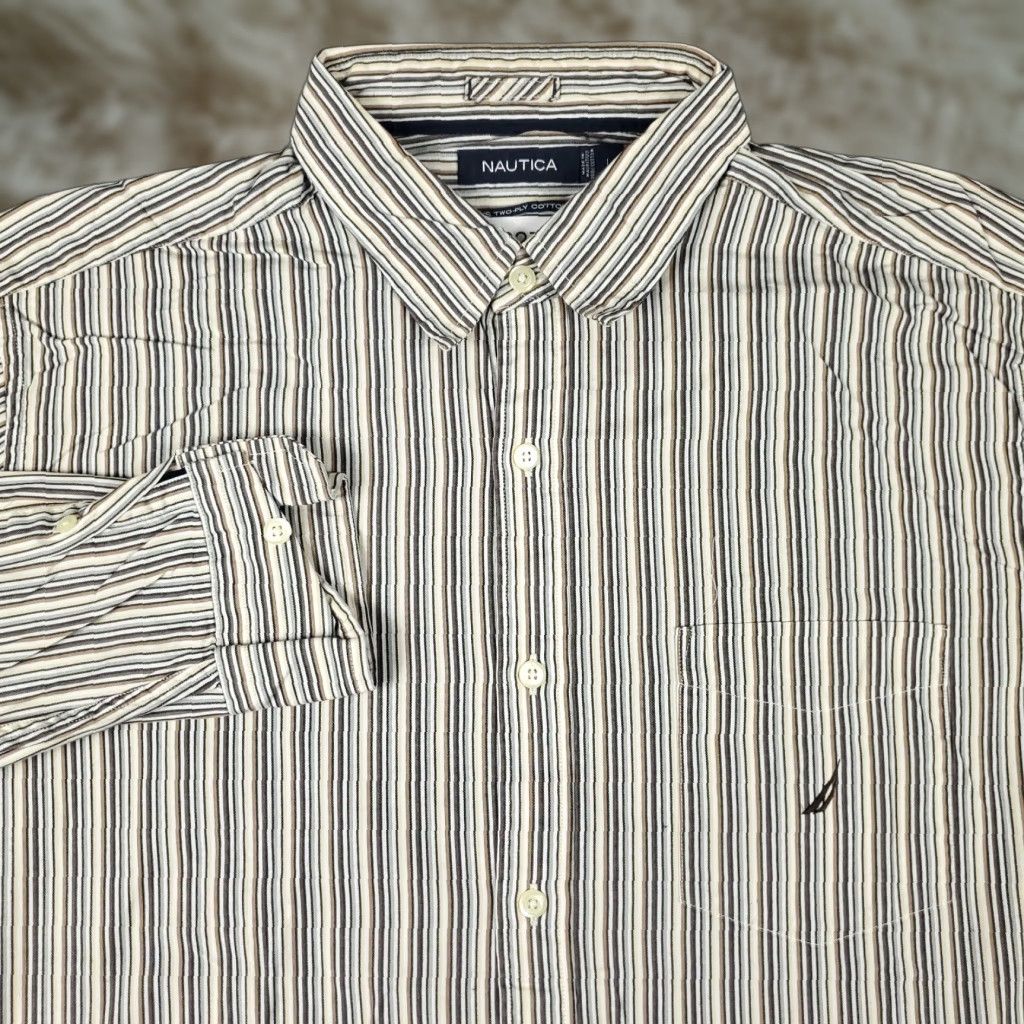 Nautica Nautica Shirt Mens Large Beige Striped Button-Up Long Sleeve Casual Business Formal Workwear Size US L / EU 52-54 / 3 - 1 Thumbnail