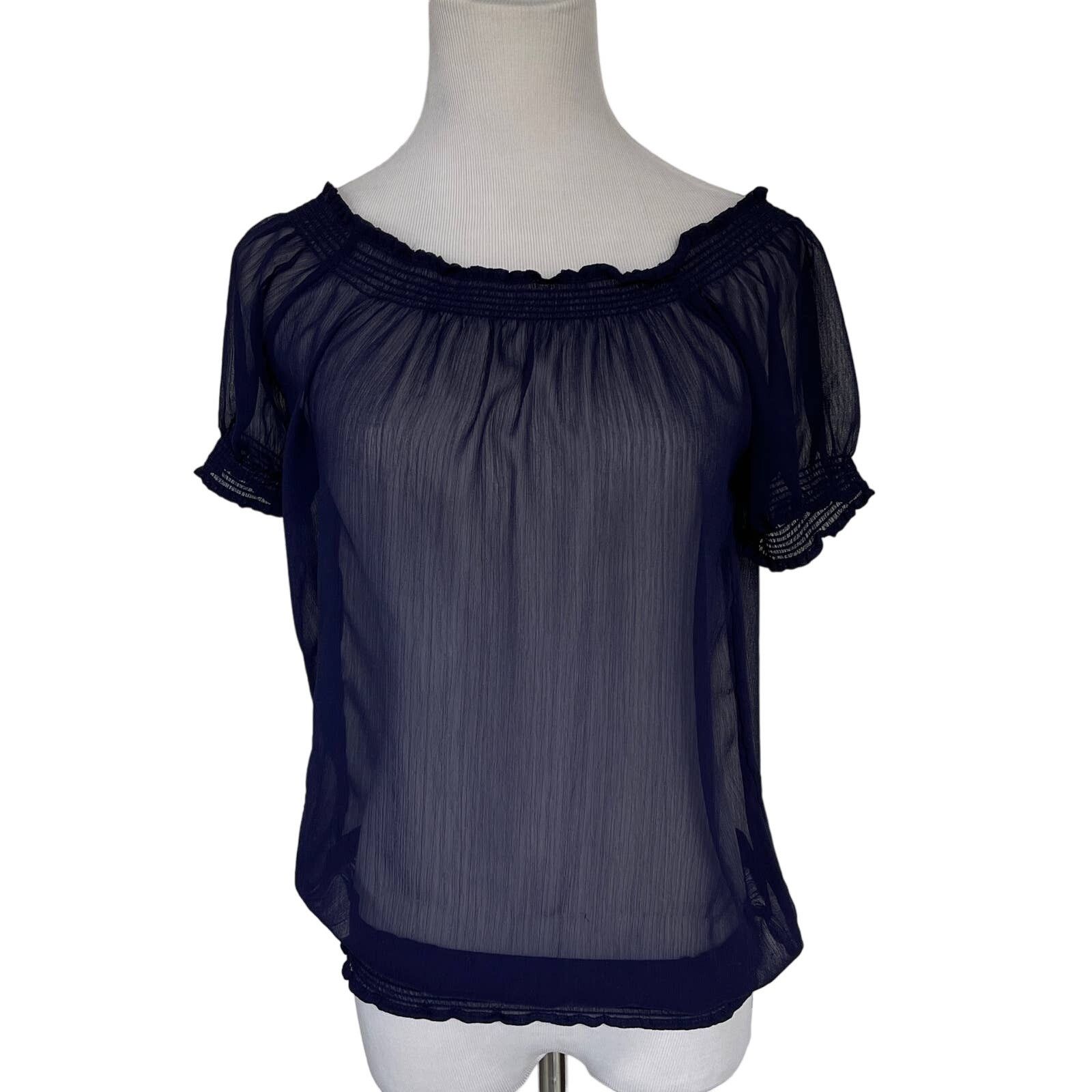 Other Navy Blue Short Sleeve Sheer Blouse Off Shoulder Small Size S / US 4 / IT 40 - 1 Thumbnail