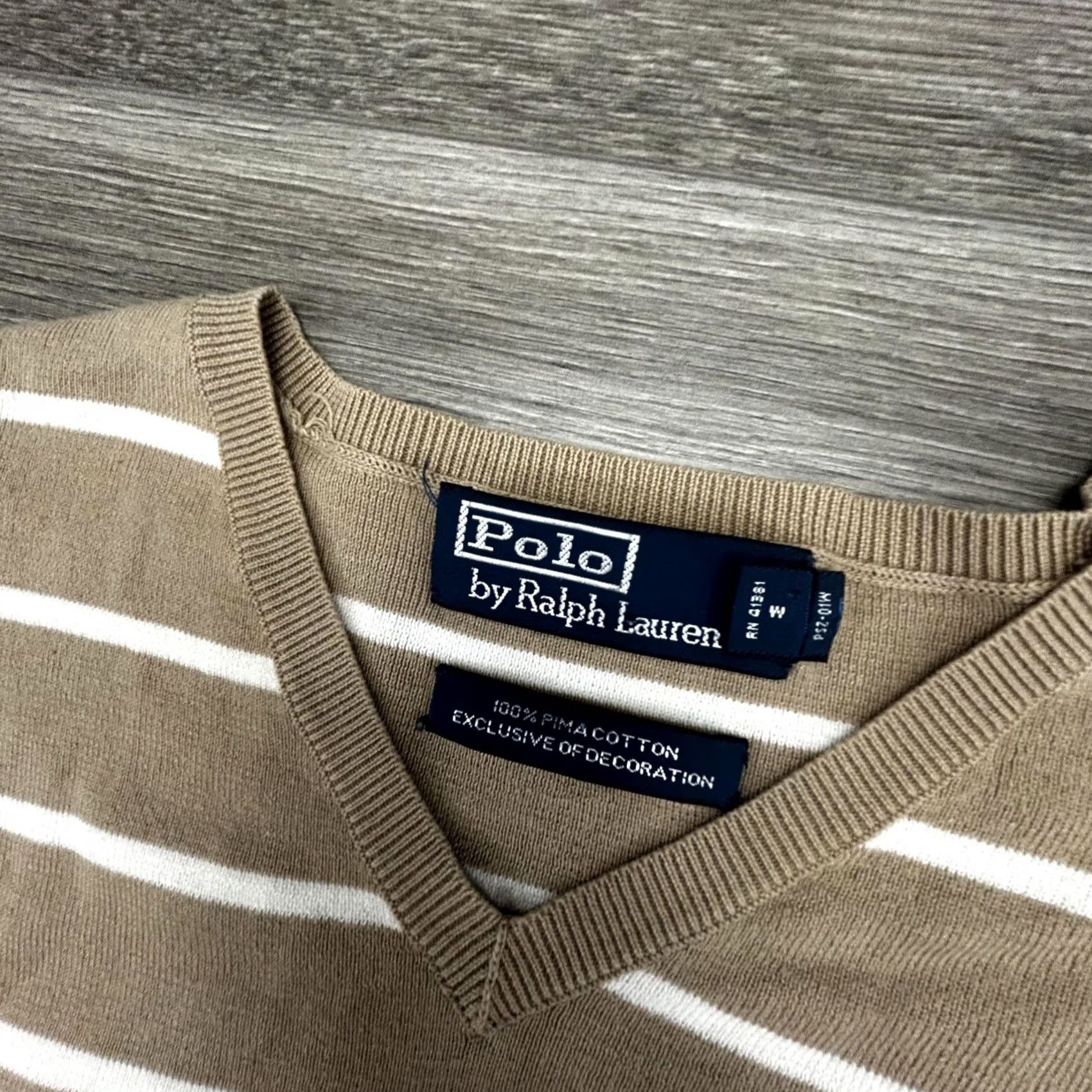 Polo Ralph Lauren VINTAGE Polo Ralph Lauren Sweater Mens Large Beige Striped V Neck 100% Pima Cotton Pullover Knit Logo Embroidered Chest Womens? Mens Size US L / EU 52-54 / 3 - 5 Thumbnail