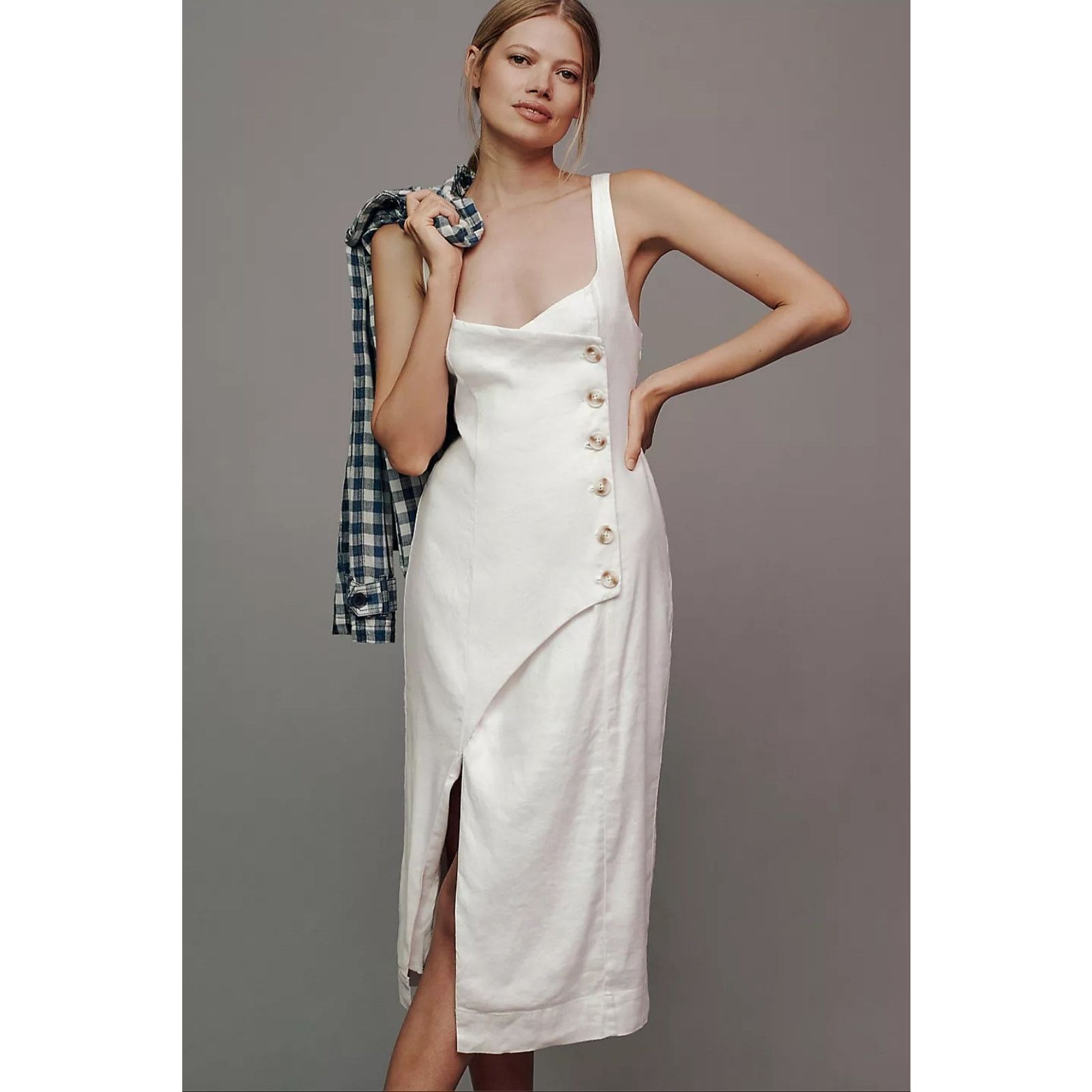 Anthropologie NWT Sleeveless Square-Neck Linen Button Wrap Midi Dress $178 Size L / US 10 / IT 46 - 1 Thumbnail