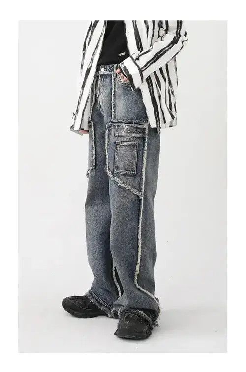 Jean Rough Edge Straight Tube Splicing Jeans men Size US 32 / EU 48 - 2 Thumbnail