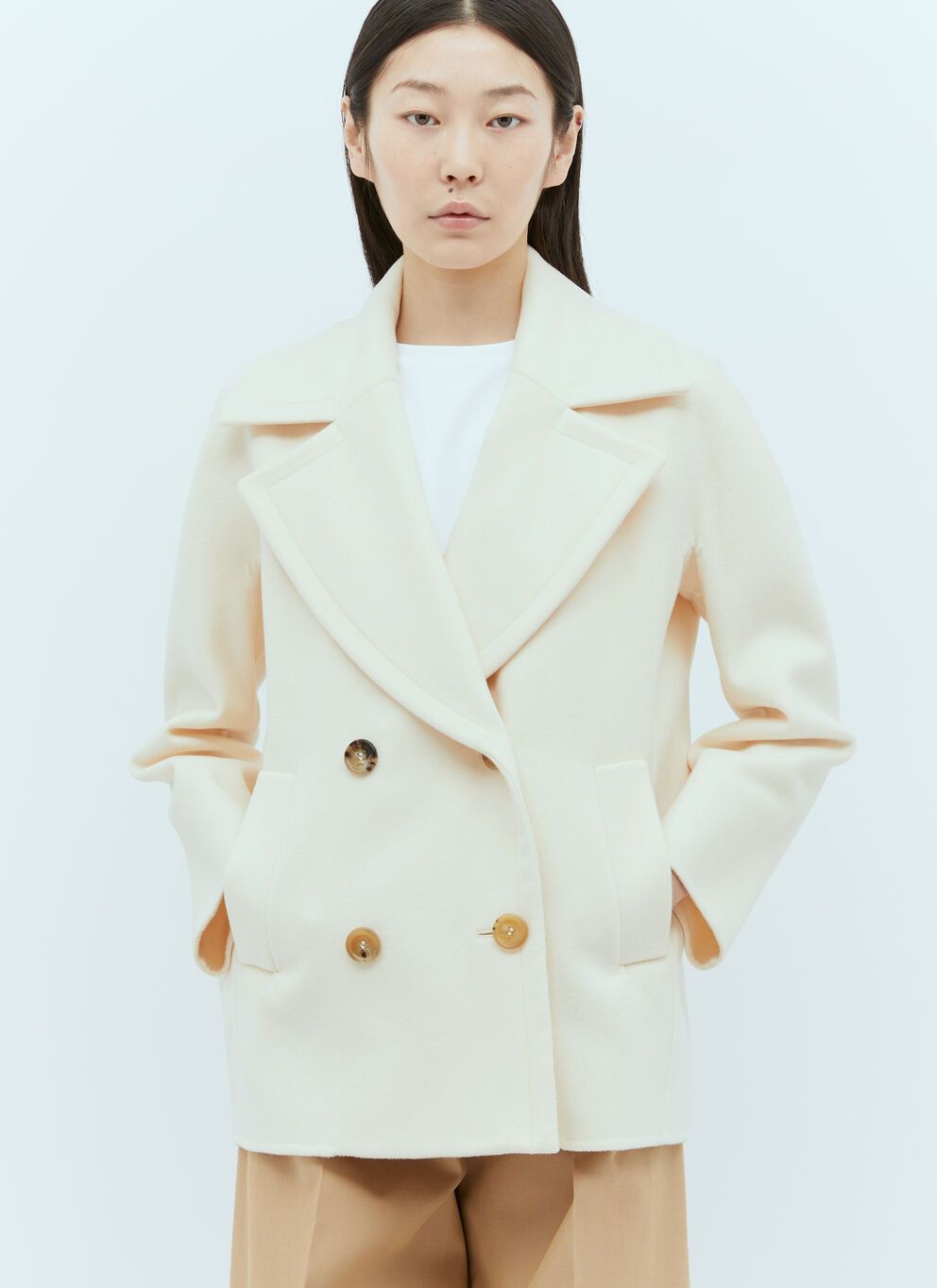 image of Max Mara Wool And Cashmere Pea Coat in White, Women's (Size XS)