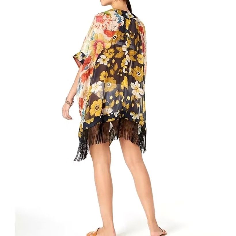 Steve Madden Steve Madden Kimono Cardigan Sheer Floral Butterfly Boho Festival Fringe O/S Women's One Size Multicolor Pattern Florals Cover Up Size ONE SIZE - 5 Thumbnail