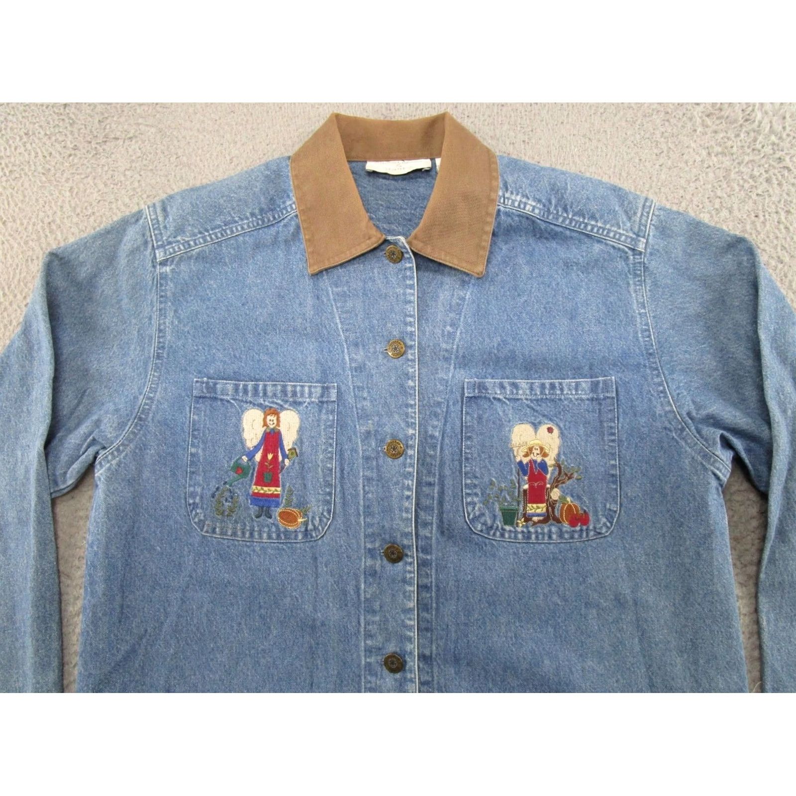 Vintage Christopher & Banks Women's Jacket Denim Blue Embroidered Angels 90s M Denim Jacket Mid-Length Button Cotton Lining Pockets Collared Regular Womens Size 32" / US 10 / IT 46 - 3 Thumbnail
