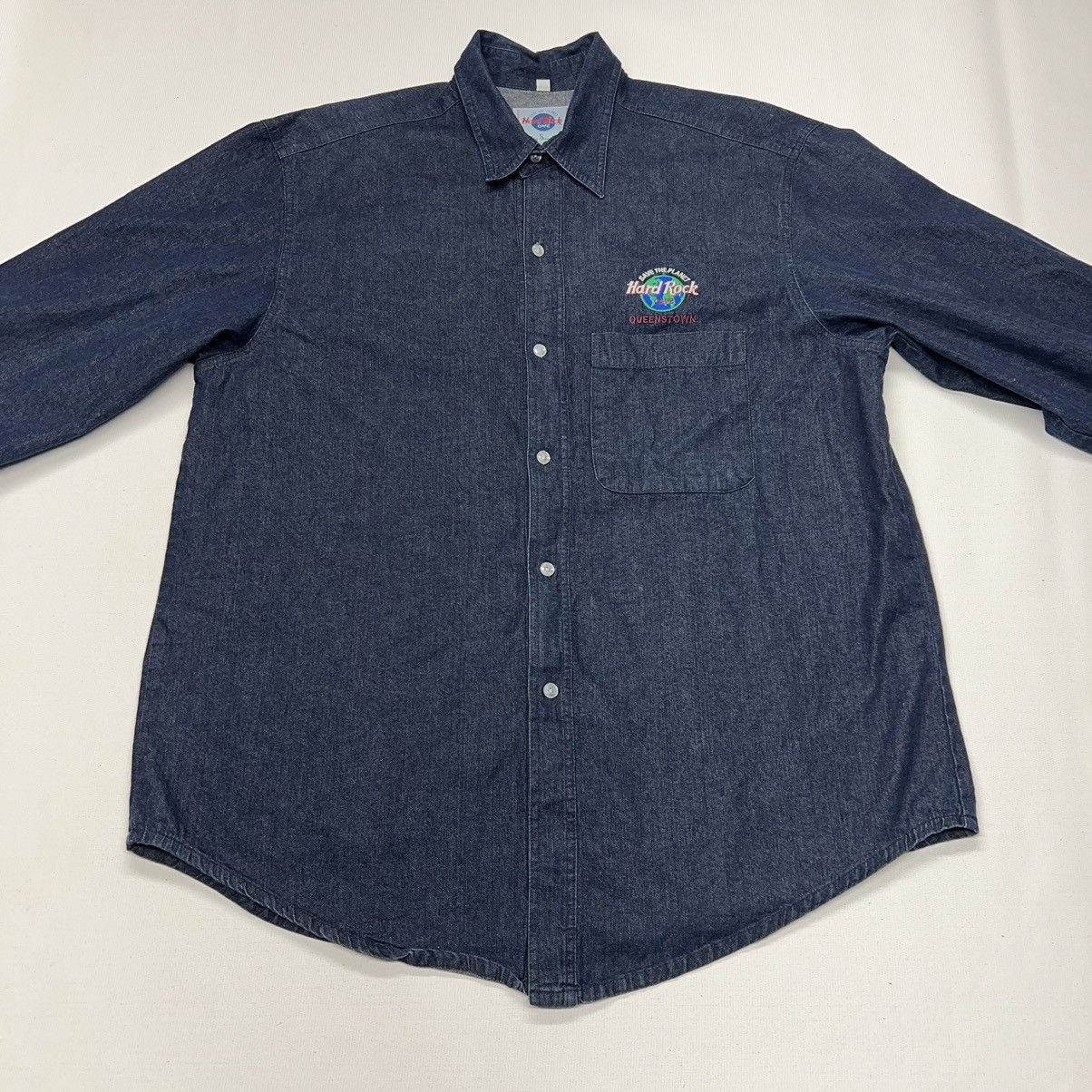 Hard Rock Cafe × Vintage VTG Hard Rock Cafe Denim Shirt Blue Button Queensland Y2K Size US L / EU 52-54 / 3 - 2 Thumbnail