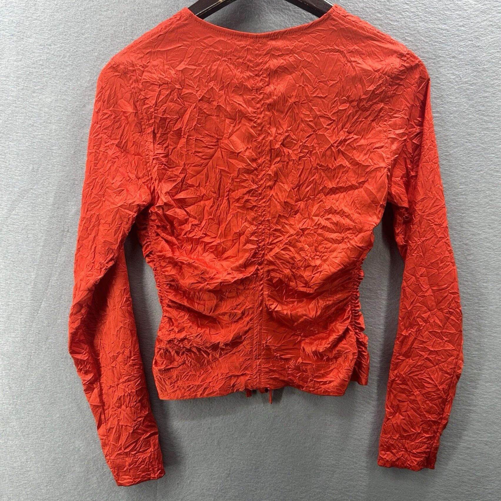 Ganni GANNI Blouse Women's 0 32 Tie Front Crinkled Satin Top Red Long Sleeve V-Neck Lace Up Cropped Blouse Bohemian Designer Style Shirt Womens Size XS / US 0-2 / IT 36-38 - 5 Thumbnail