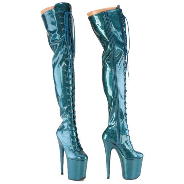 3020 Teal Glitter Patent 3020 Lace Up Thigh High Platform Bo