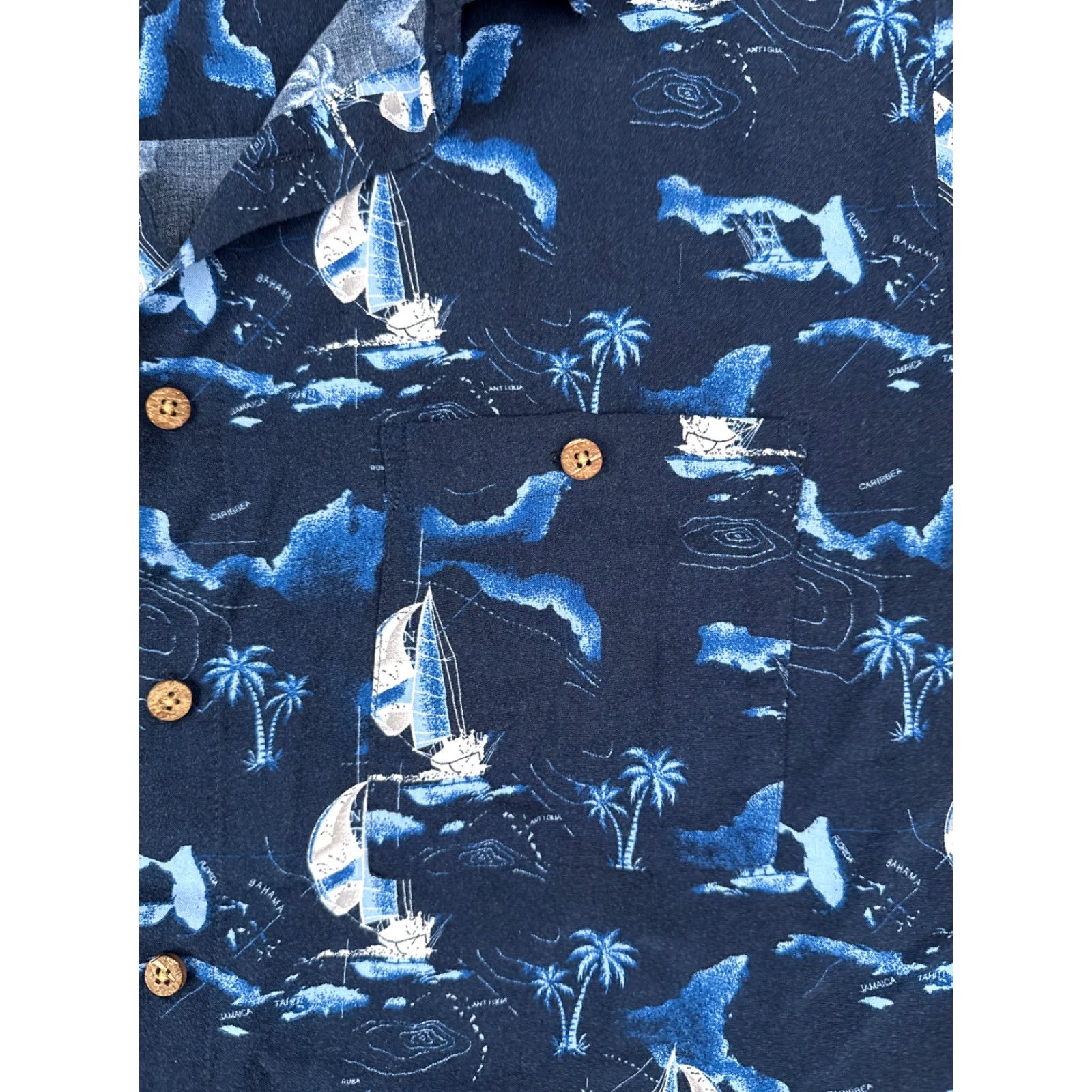 Vintage Puritan Shirt Mens Medium Blue Hawaiian Sailboat Palm Nautical Rayon Button Up Size US M / EU 48-50 / 2 - 6 Thumbnail