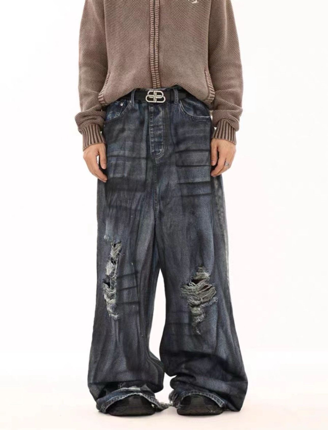 image of Vintage Washed Corrugated Ripped Wide-Leg Jeans in Blue, Men's (Size 33)