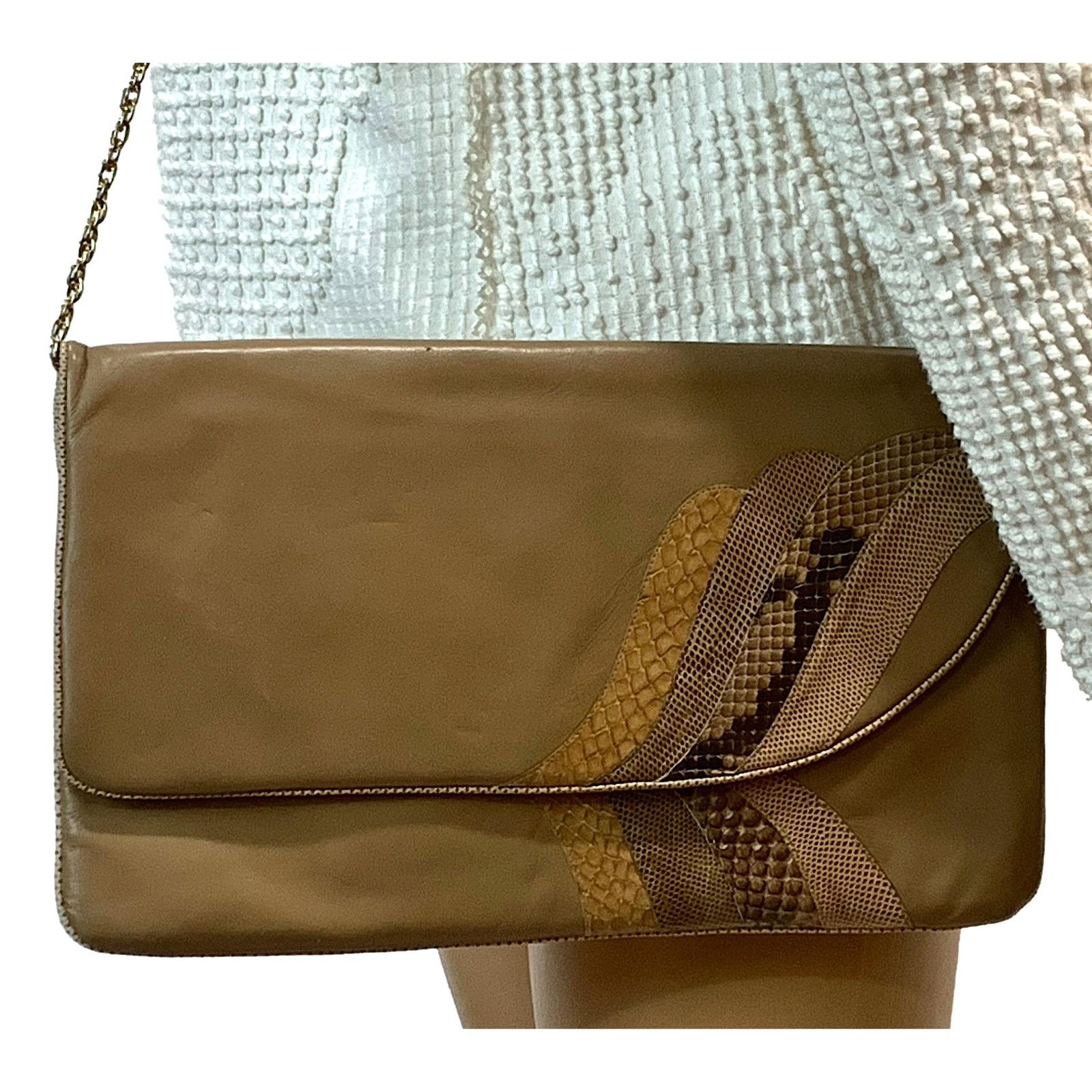 Vintage 70's Tan Leather Snakeskin & Lizard Shoulder Bag Clutch Italy in Brown, Women's