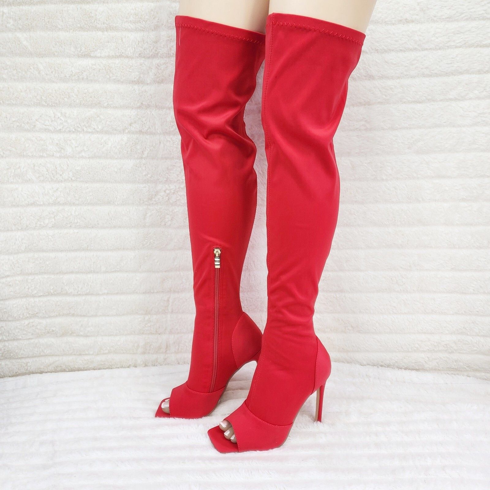 Other Vicky Bright Red Open Square Toe Stretch Thigh High Heel Boo Size US 8 / IT 38 - 2 Thumbnail