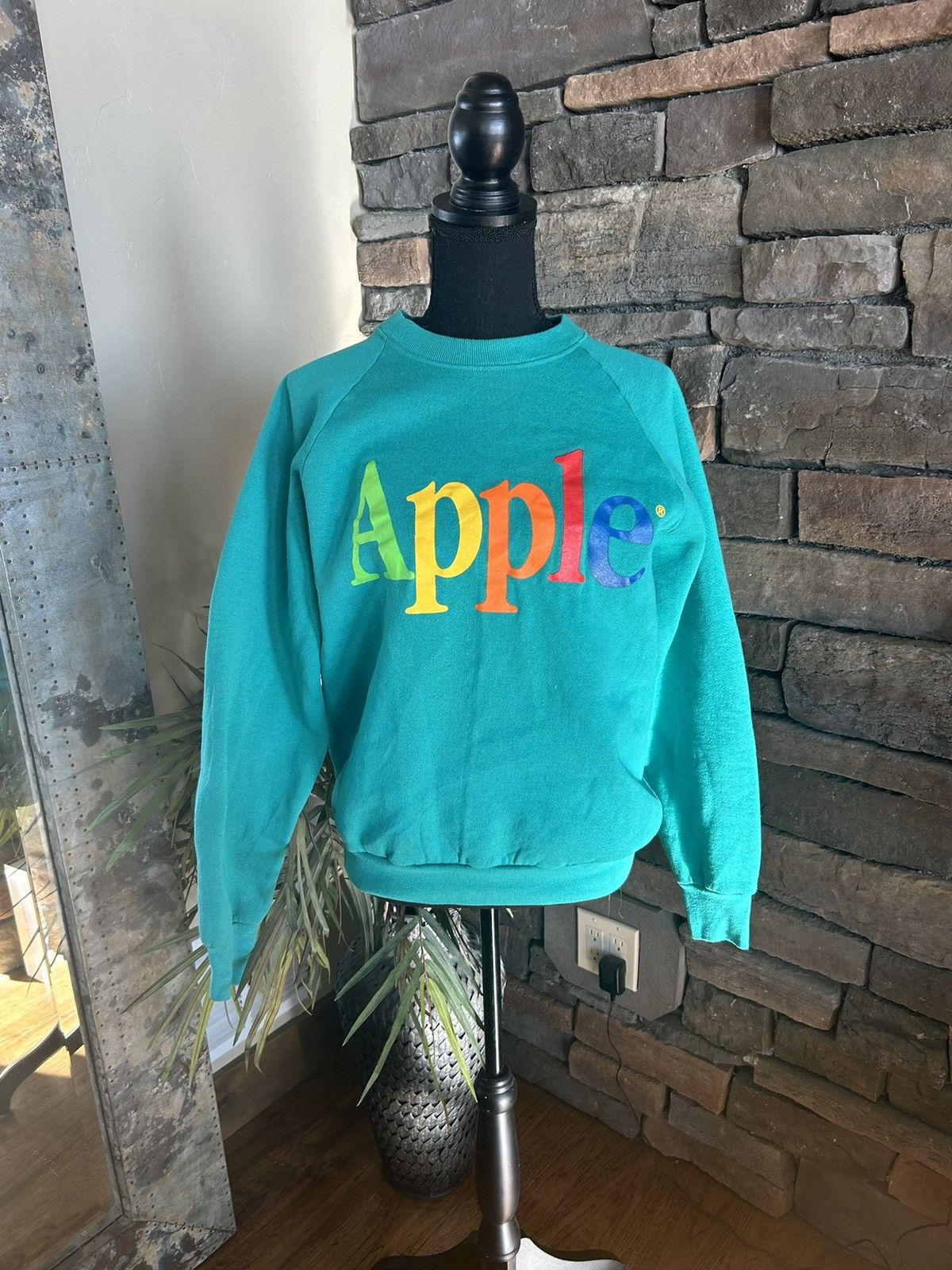 Image of Vintage Apple Rainbow Logo Made Usa Turquoise Sweatshirt in Green, Men's (Size Small)