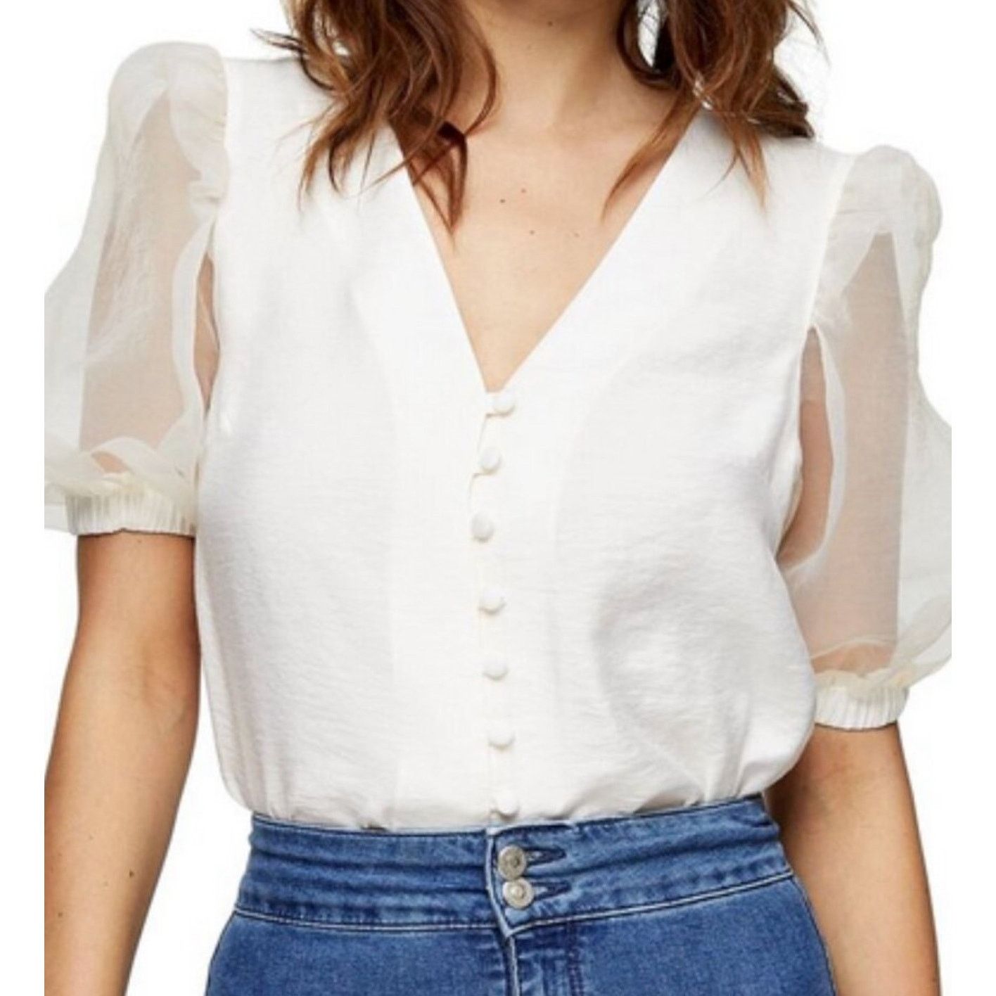 Topshop TopShop Ivory Organza Sleeve Button Blouse - Size 4 Size S / US 4 / IT 40 - 1 Thumbnail