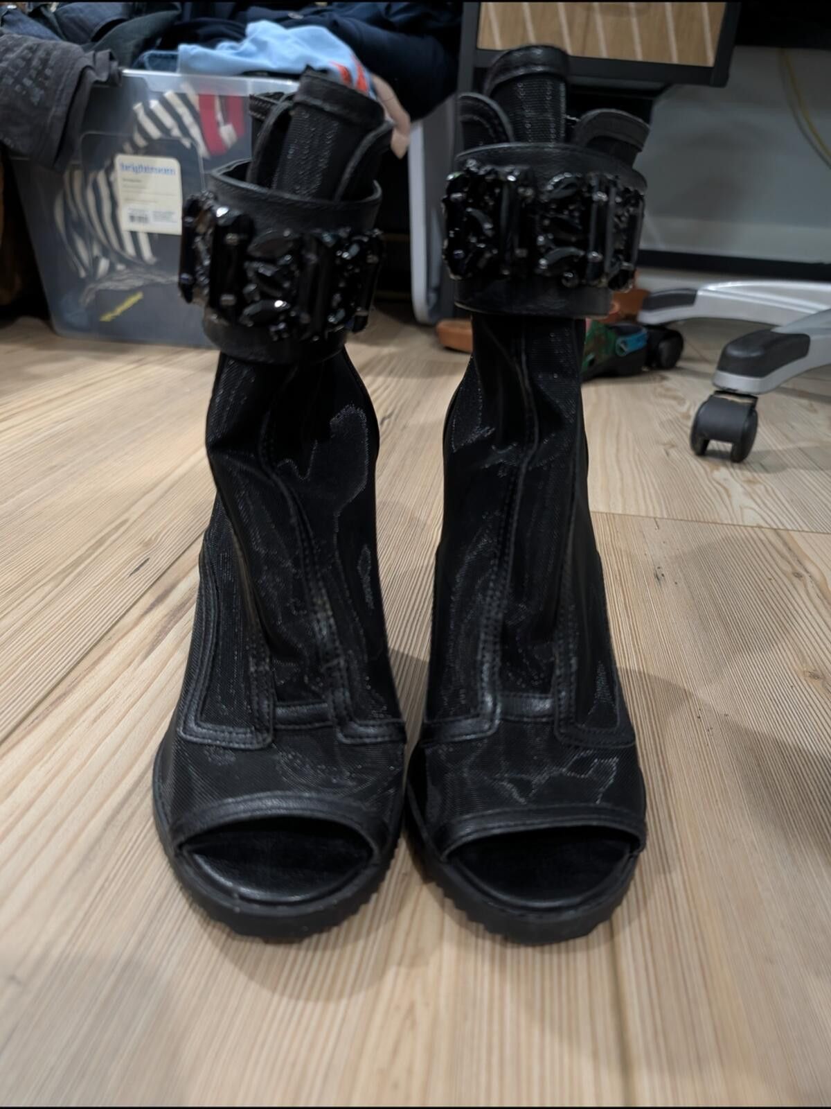 Karl Lagerfeld Karl Lagerfeld Black Mesh Peep-Toe Ankle Boots Size US 7 / IT 37 - 4 Thumbnail
