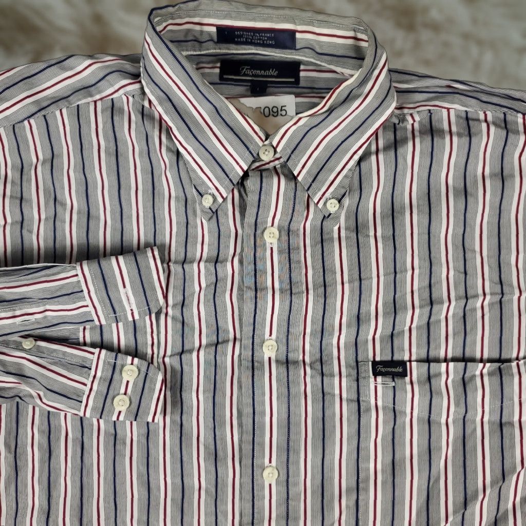 Faconnable Façonnable Shirt Mens L Gray Striped Button-Up Long Sleeve Casual Business Formal Wedding Workwear Size US L / EU 52-54 / 3 - 1 Thumbnail