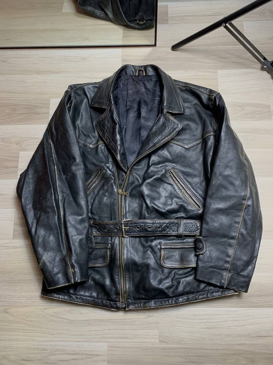 image of Avant Garde x Leather Jacket Crazy Vintage Leather Jacket Avangard Y2K Real Leather in Brown (Size 