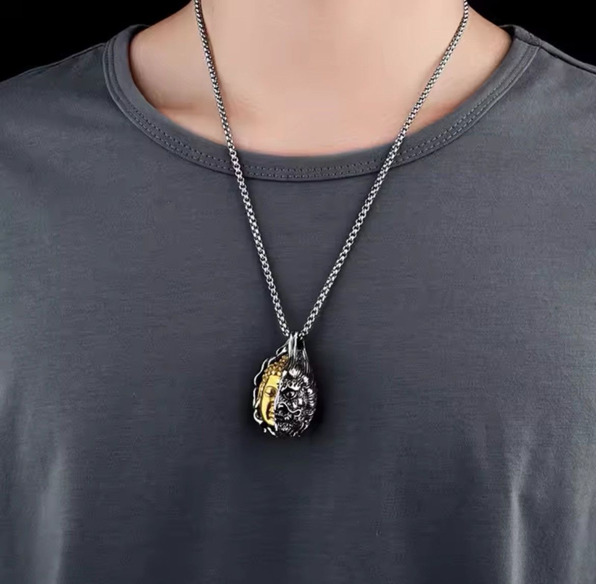 Designer × Japanese Brand Punk Rare Carved Dual Buddha Stainless Steel Silver Necklace Size ONE SIZE - 1 Thumbnail