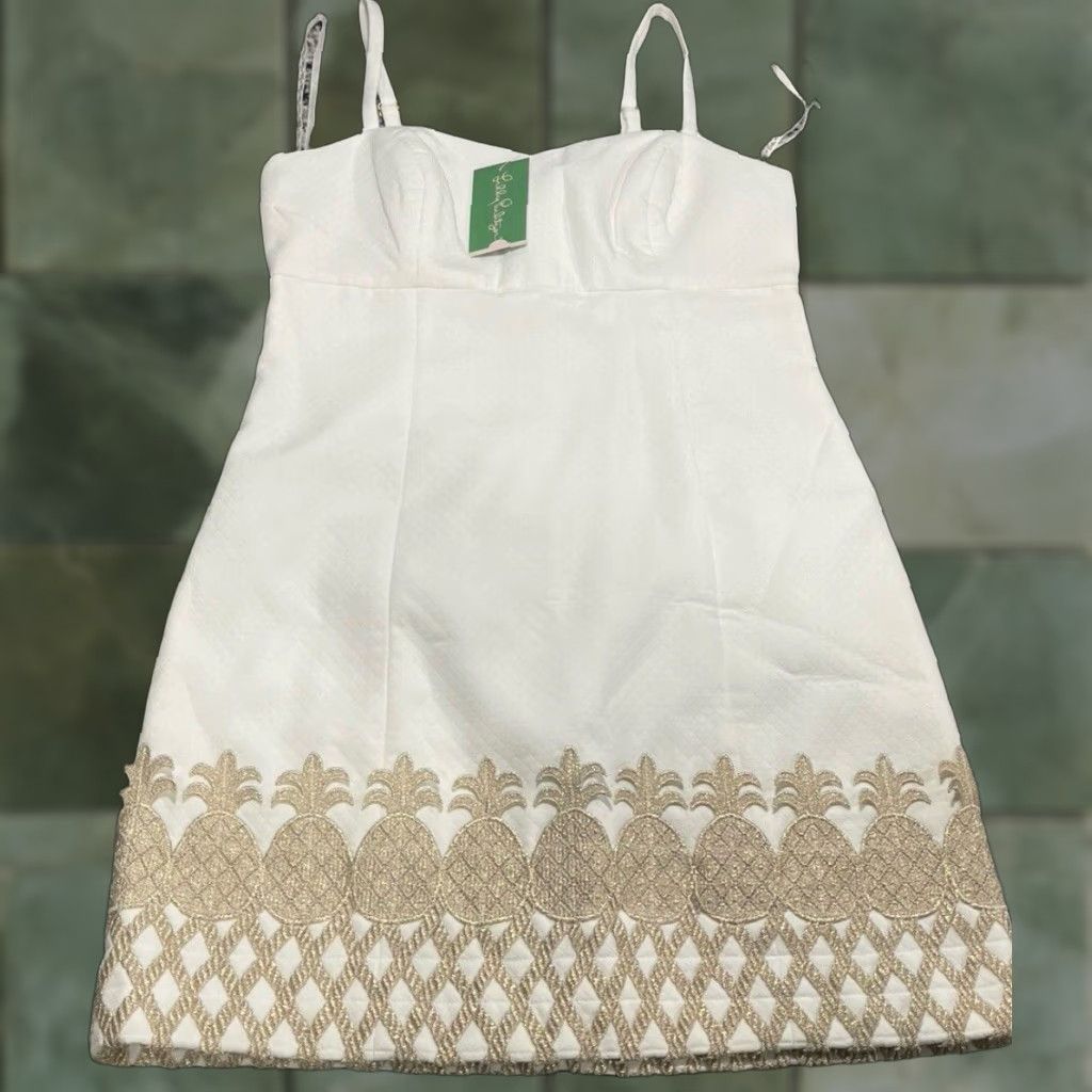 VINTAGE Lilly Pulitzer Dress Womens Short White Gold Pineapple Trim Size 4  Pool Resort Clothing - crrs.pl