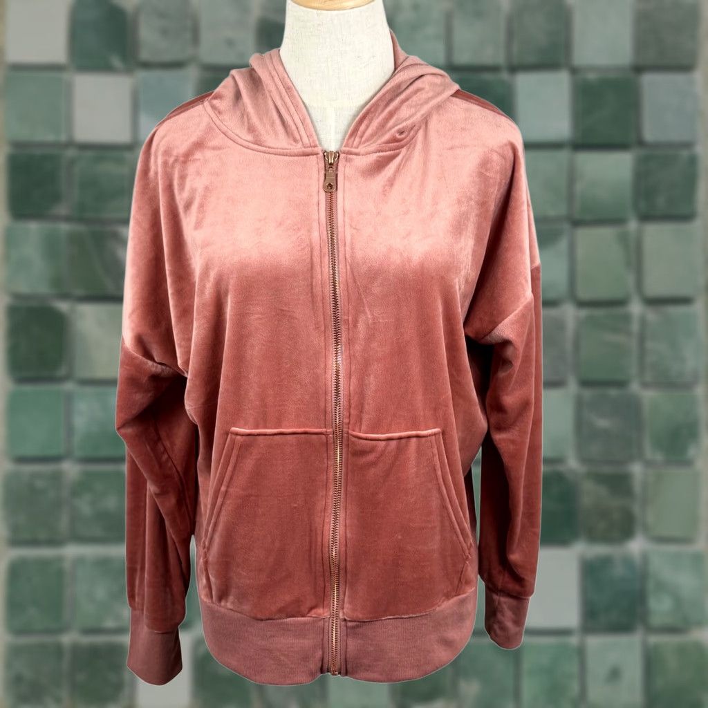 Vintage Felina Womens Hoodie L Velour Full Zip Pink Dusty Rose Relaxed Fit Loungewear Y2K Velour Zip Hoodie Size L / US 10 / IT 46 - 1 Thumbnail