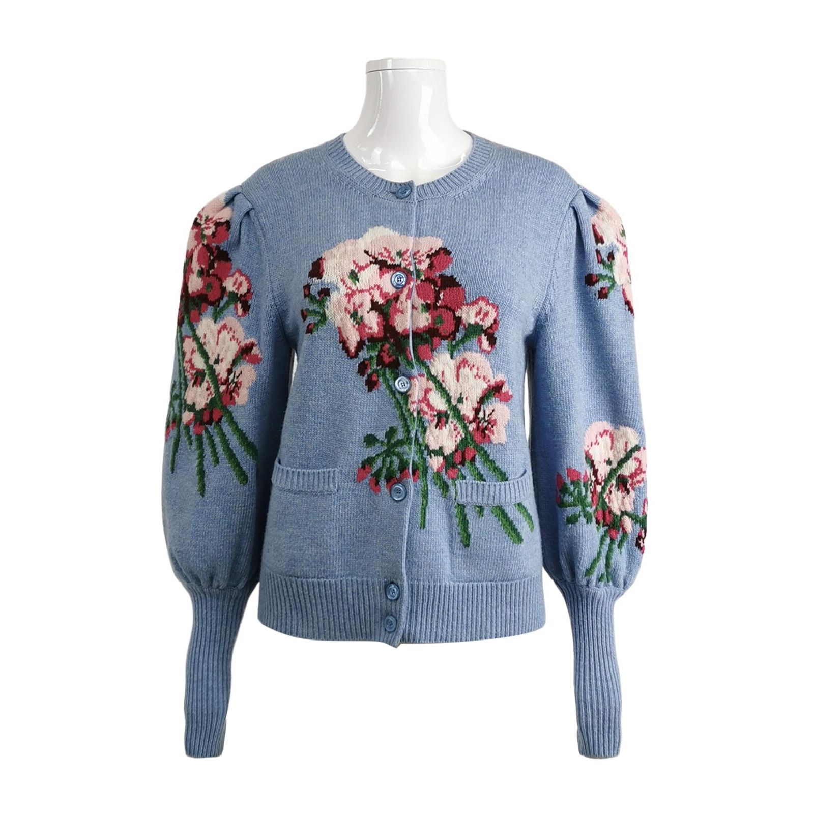 Gucci Gucci Blue Wool Flower Embroidery Cardigan S Size S / US 4 / IT 40 - 1 Thumbnail