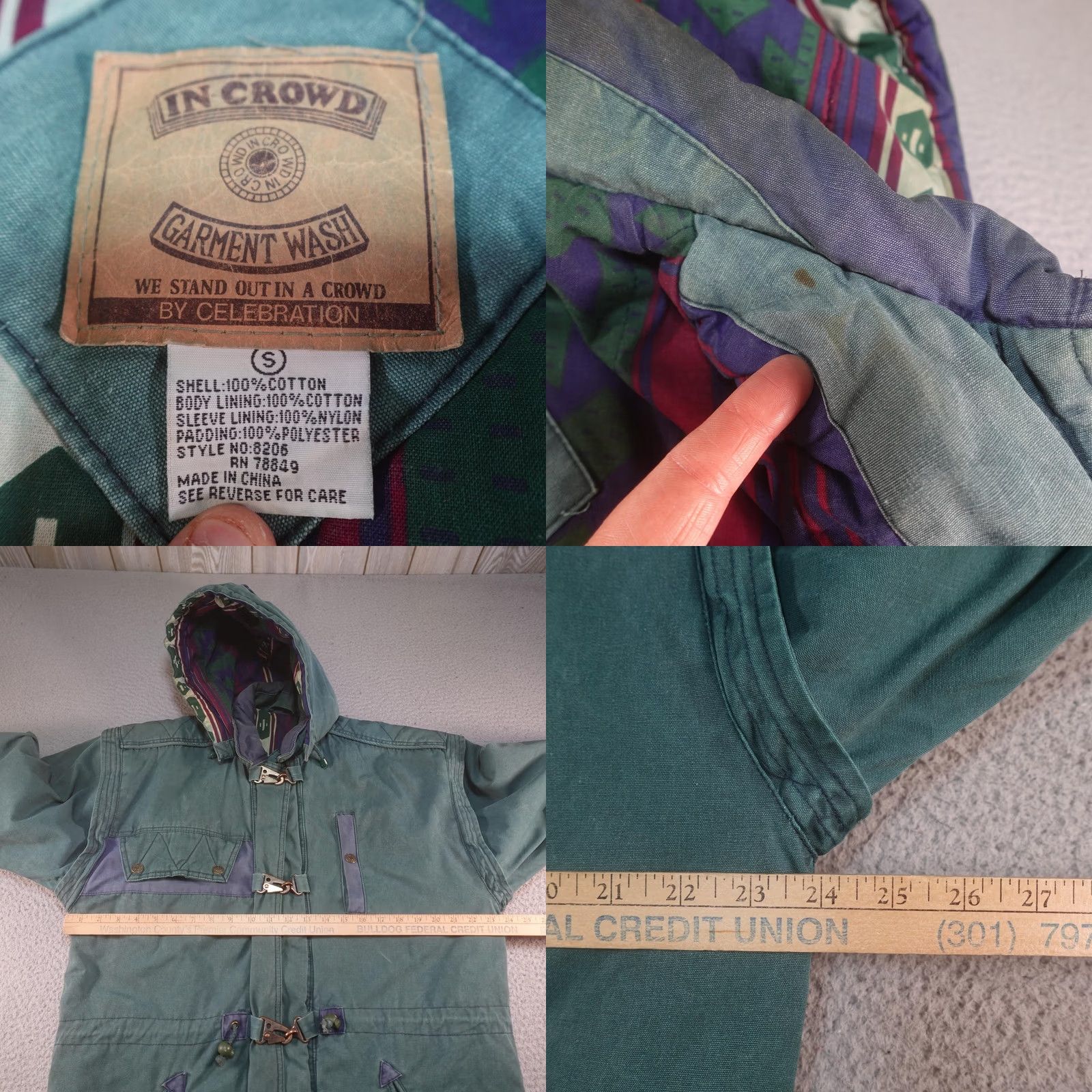 Vintage VINTAGE In Crowd Jacket Mens S Green Canvas Parka Hooded Insulated Lined Pockets Tribal Aztec Pattern Sailor/Outdoor Winter Coat Size US S / EU 44-46 / 1 - 10 Thumbnail