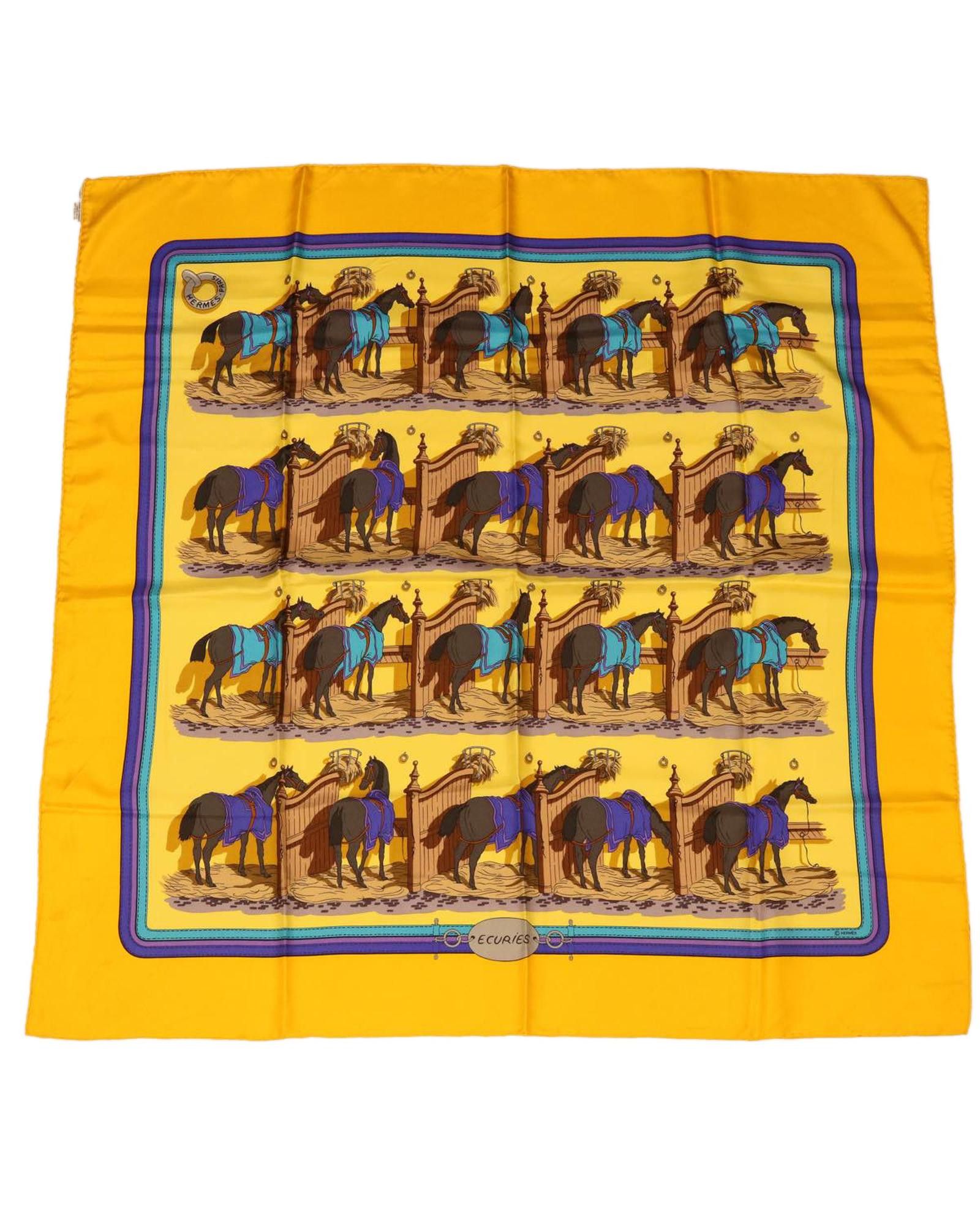 image of Hermes Silk Equestrian-Inspired Designer Scarf in Yellow, Women's