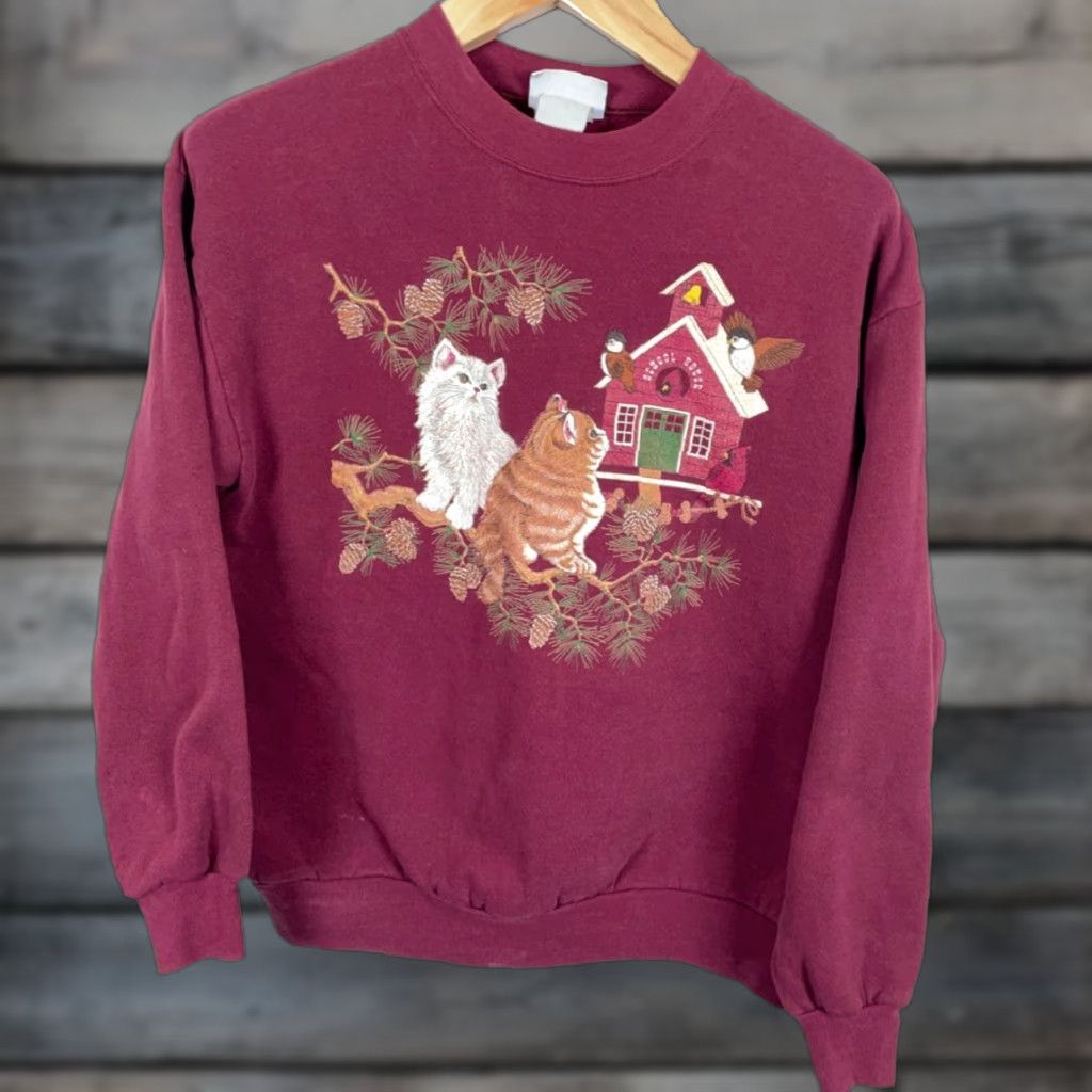 Endless VINTAGE Endless Designs Sweatshirt Woman Adult Large Dark Red 90s Bird Cat Nature Outdoor Raglan Crew Neck Pullover Graphic Print Cotton Blend Fleece Size L / US 10 / IT 46 - 1 Thumbnail