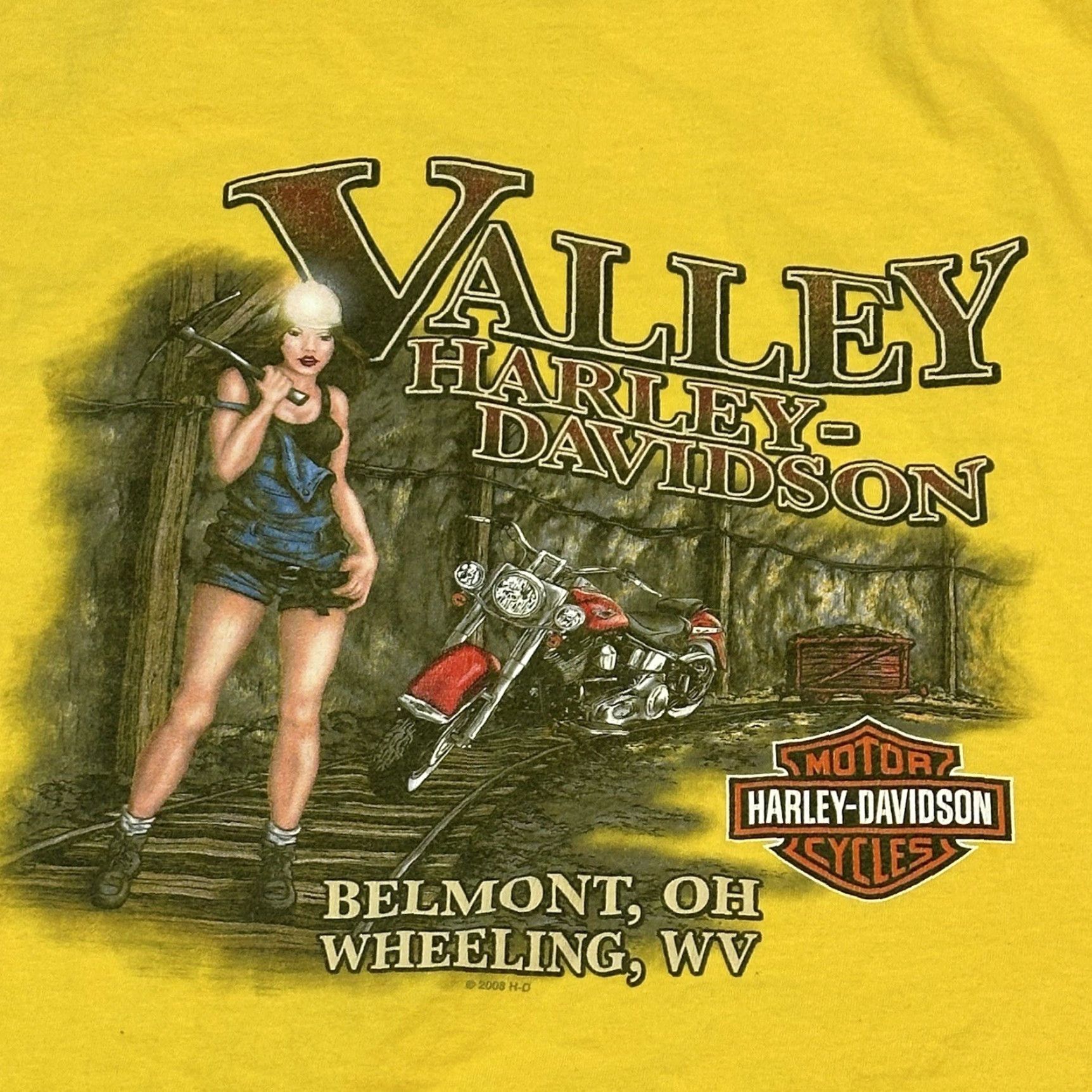 Harley Davidson Harley-Davidson American Legend Tee Shirt Mens 3XL Yellow Pinup Girl in Mines with Pick Ax USA Made 2008 Size US XXL / EU 58 / 5 - 2 Thumbnail