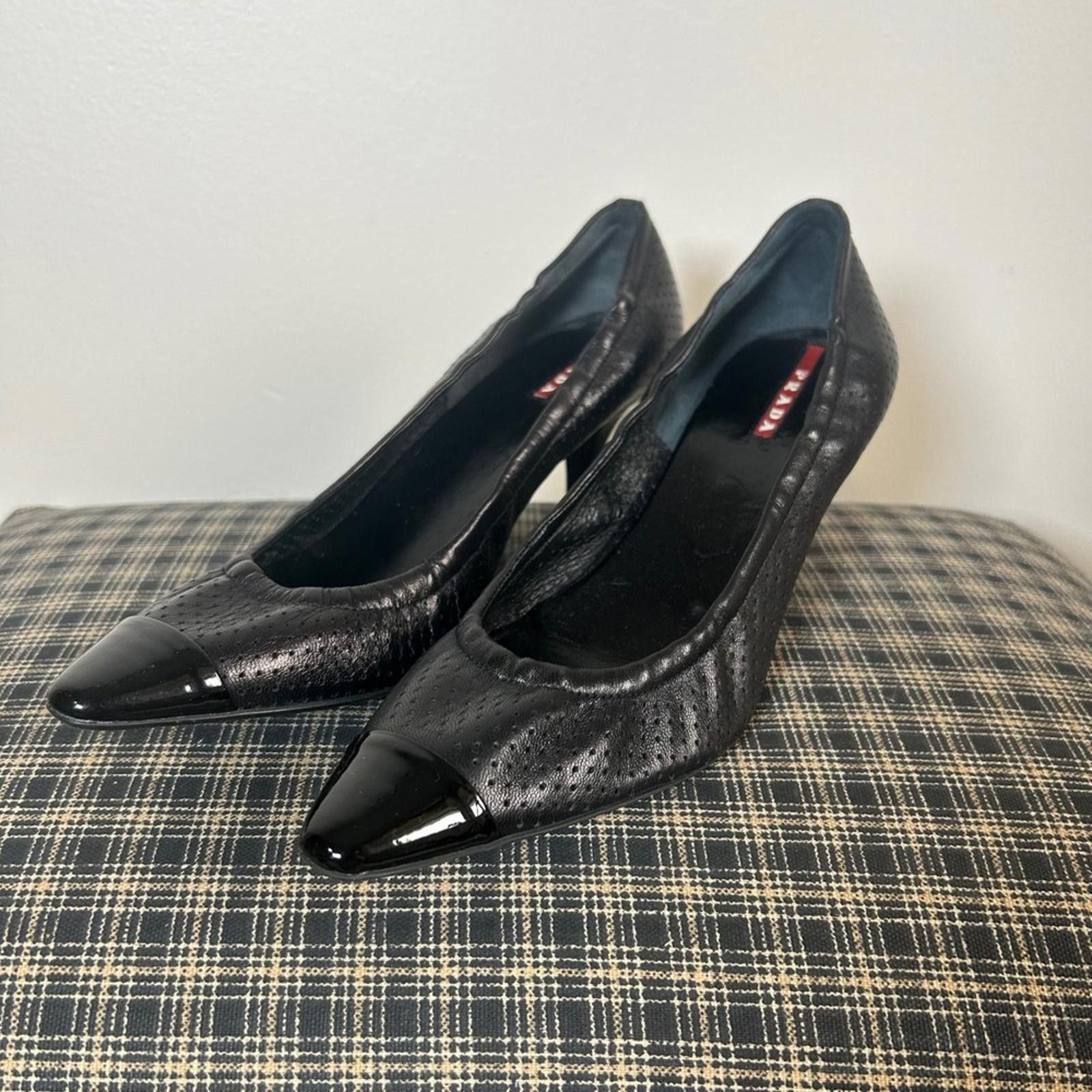 Prada Prada Black Leather Perforated Cap Toe Heels Pumps Size 37 Size US 7 / IT 37 - 1 Thumbnail