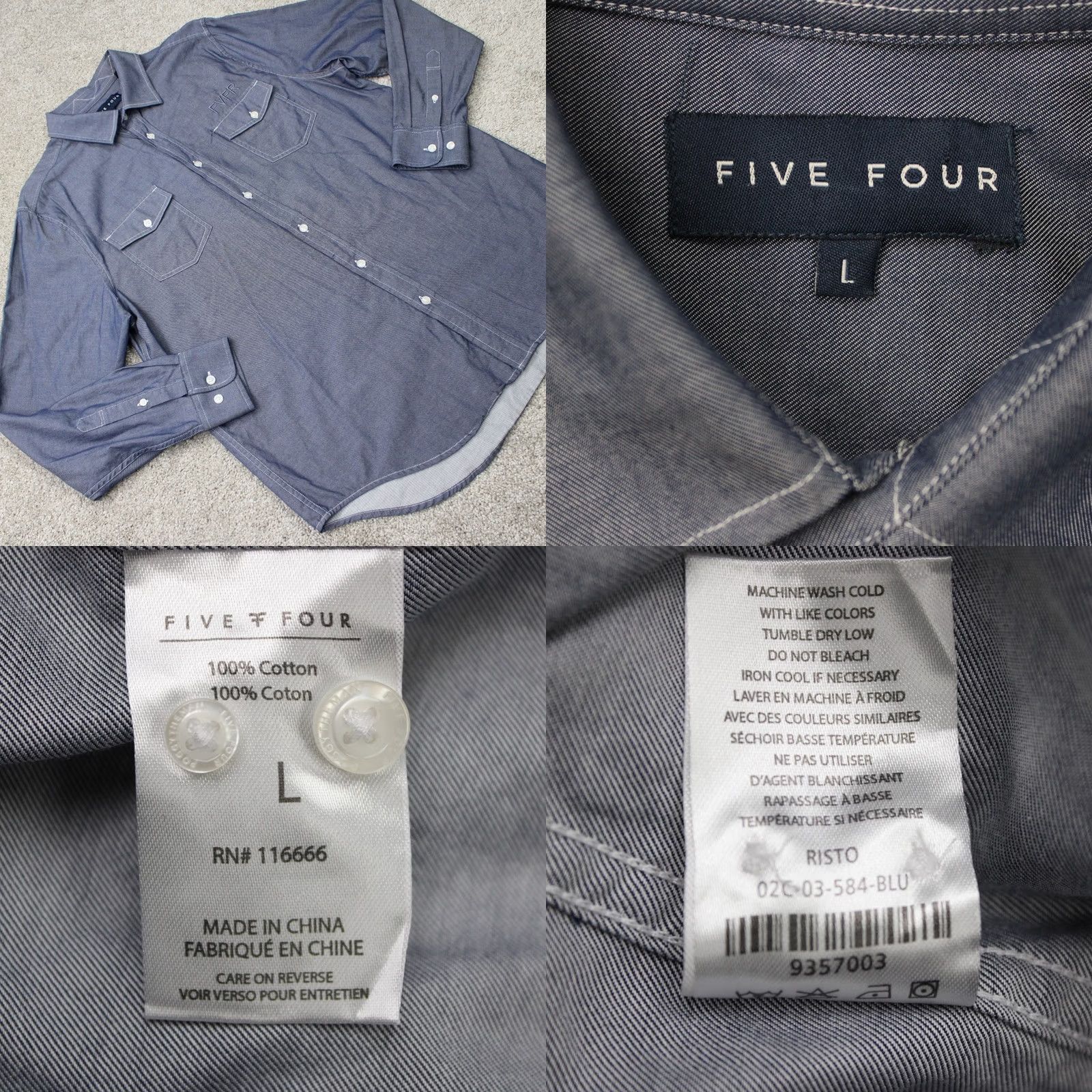 Vintage Five Four Risto Shirt Mens Large Blue 100% Cotton Long Sleeve Button Up Size US L / EU 52-54 / 3 - 8 Thumbnail