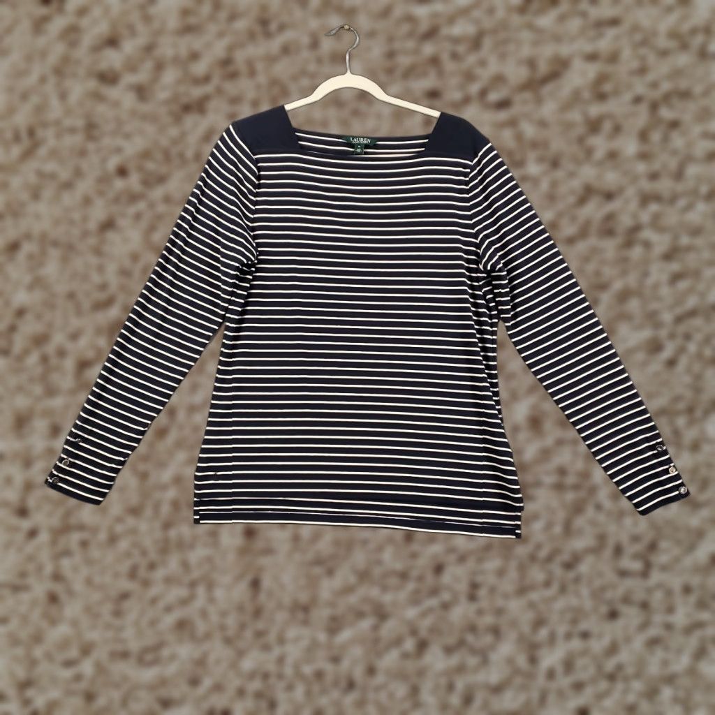 Ralph Lauren Lauren Ralph Lauren Top Womens XL Blue White Stripe Knit Blouse V-Neck Casual Shirt Shirts Multicolor Classic Preppy Pattern Knit Cotton Blend Spandex Size XL / US 12-14 / IT 48-50 - 1 Thumbnail