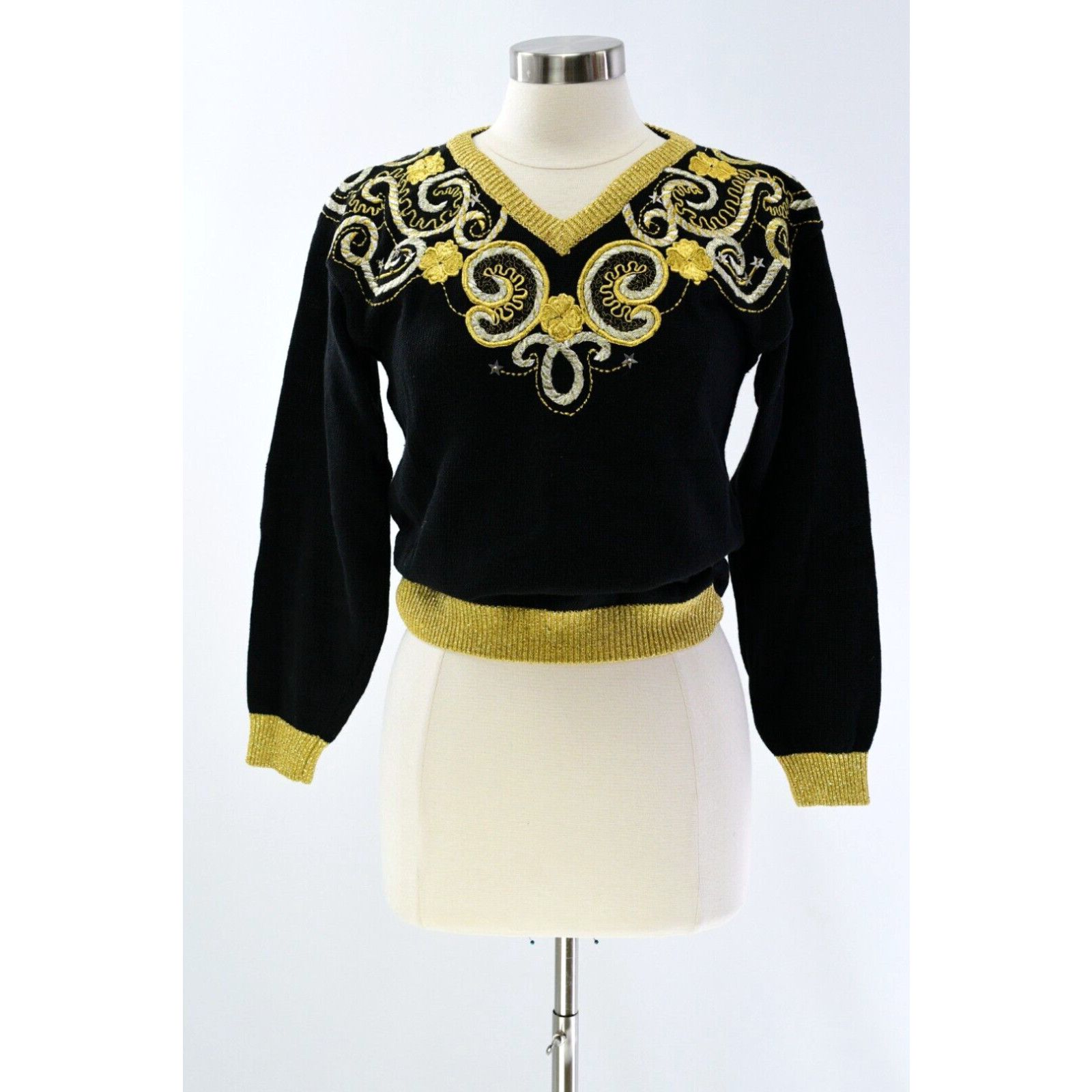 Image of Vintage 90's Womens S Black W Gold & Silver Metallic Embroidery Sequins & Beading Sweater in White 