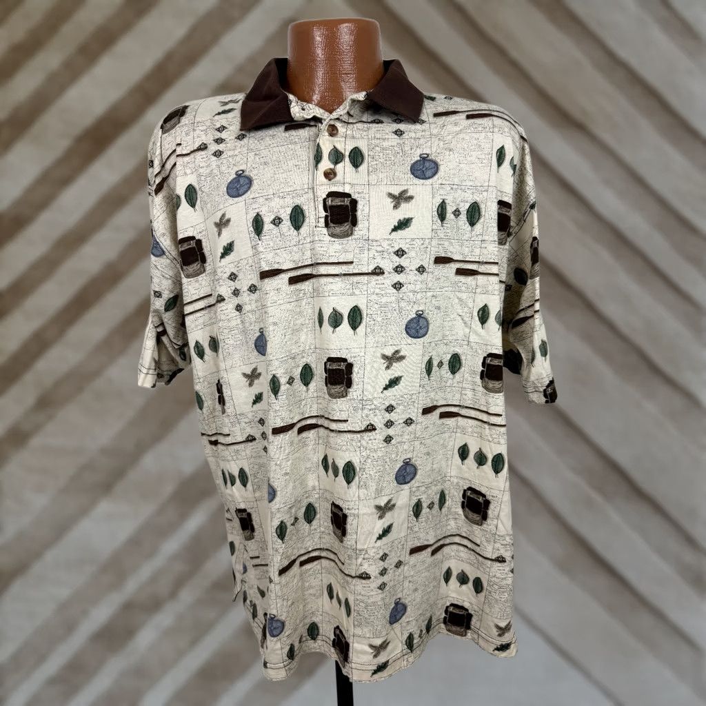 Cherokee VINTAGE Cherokee Polo Shirt Men L Beige Cotton 90s Nature Outdoor Hiking Map Graphic Print Polo Shirt Womens? Size US L / EU 52-54 / 3 - 1 Thumbnail
