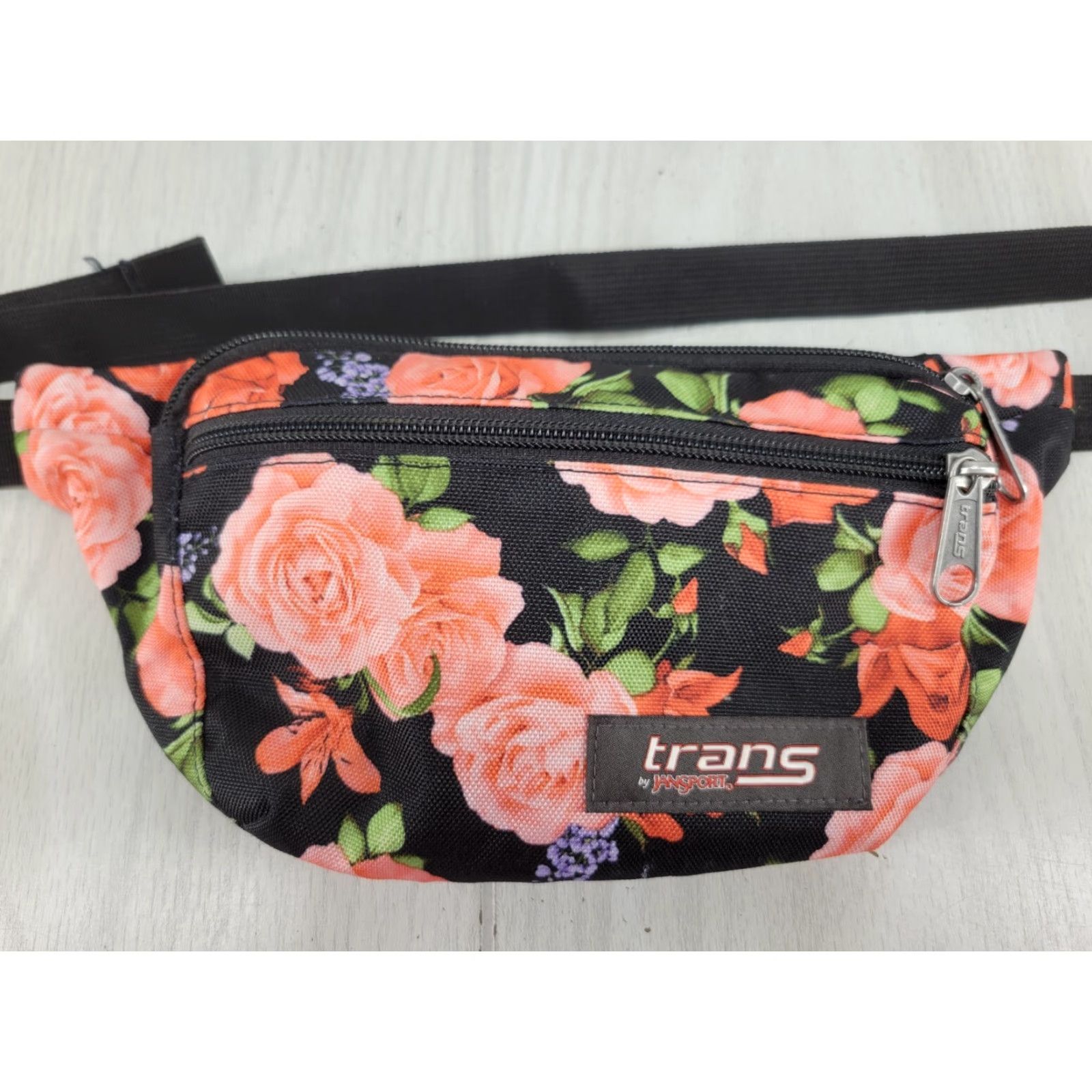 Jansport VINTAGE Jansport Waist Pack Fanny Pack Women Black Floral Rose Pattern Medium Double Zip Pockets Boys? Size ONE SIZE - 3 Thumbnail