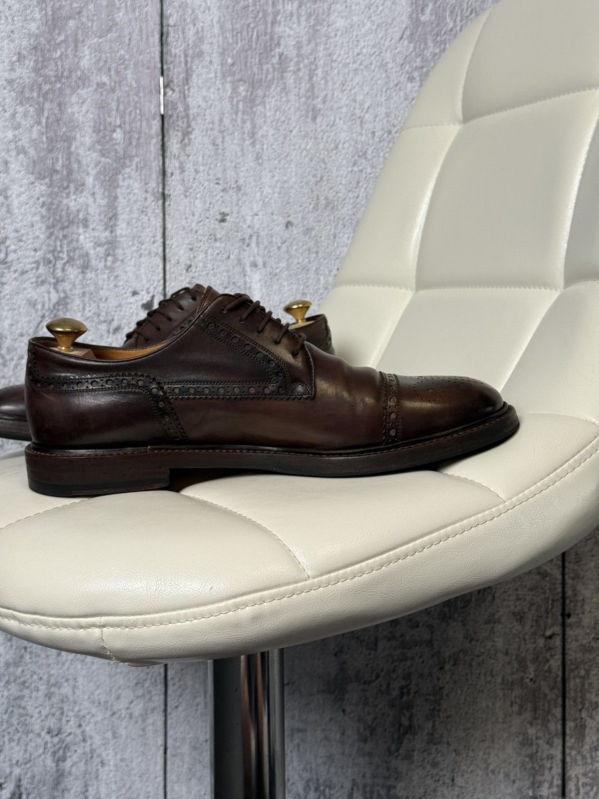 Gucci Gucci Men's Brown Leather Cap-Toe Semi-Brogue Derby Shoes Size US 10.5 / EU 43-44 - 5 Thumbnail