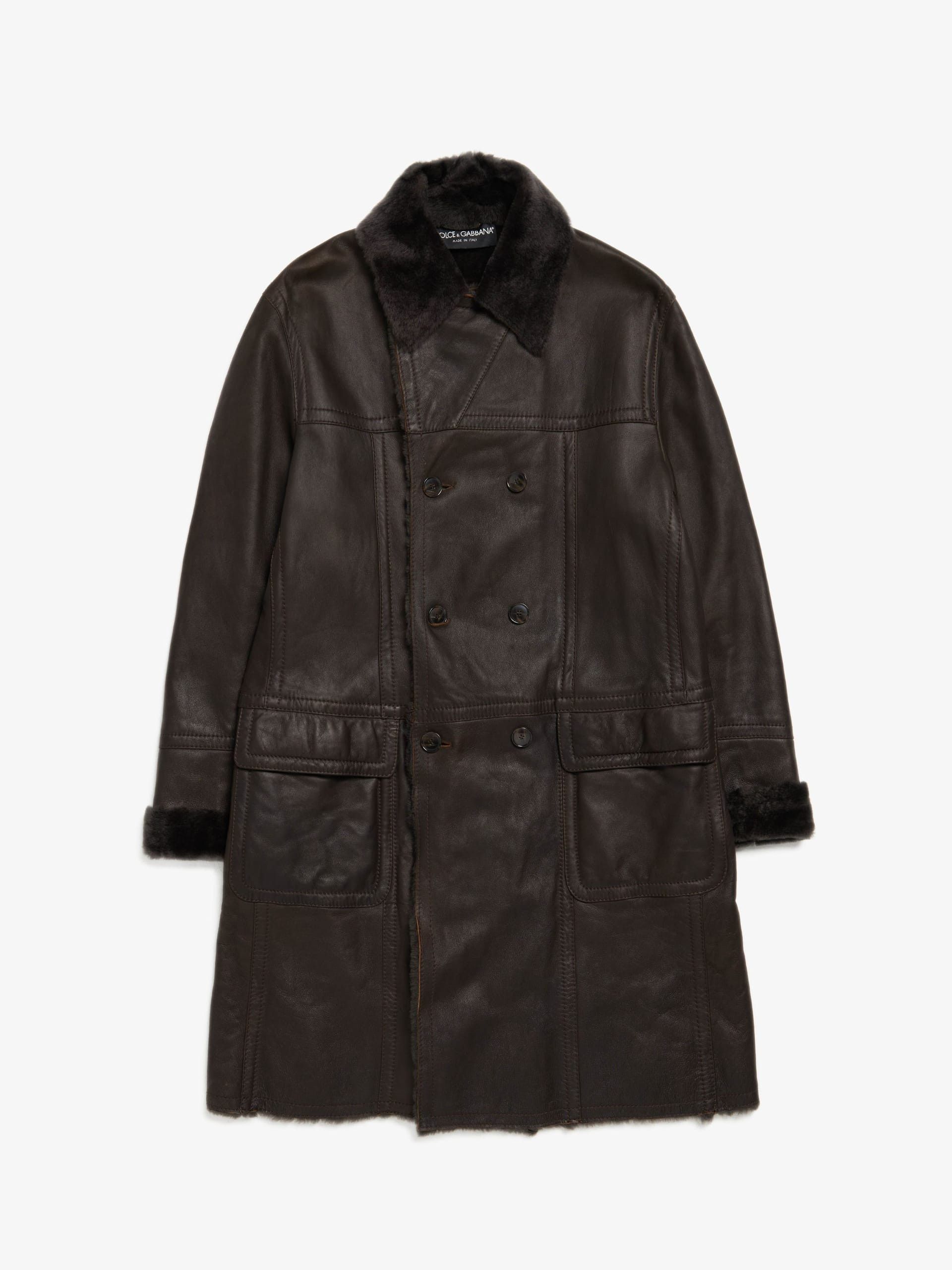 image of Dolce Gabbana Brown Elongated Double Breasted Sheepskin Coat, Men's (Size Large)