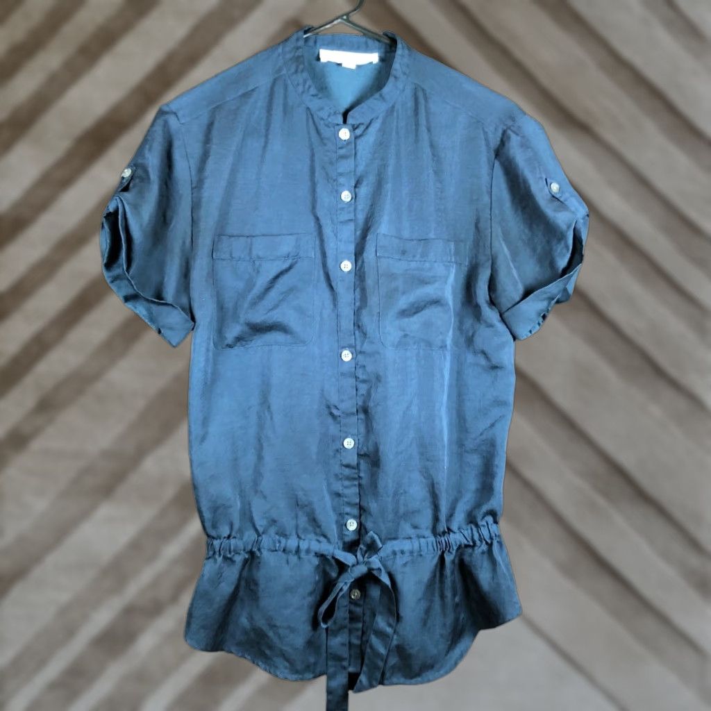 Loft LOFT Ann Taylor Womens Blouse Navy Blue Button Down Wrap Lightweight XS Short Sleeve Casual Workwear Regular Buttoned Front, 30 Day Returns Size XS / US 0-2 / IT 36-38 - 1 Thumbnail
