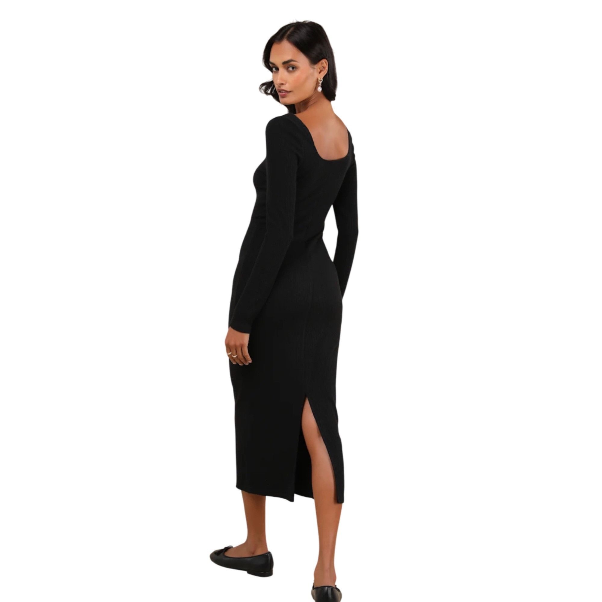 Lulus Lulus Ribbed Long Sleeve Black Midi Dress Size Medium NWT Size M / US 6-8 / IT 42-44 - 2 Thumbnail
