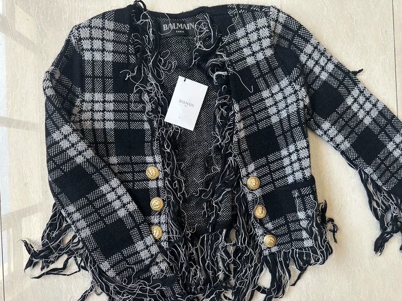 Balmain Plaid Jacket with Fringe Detail