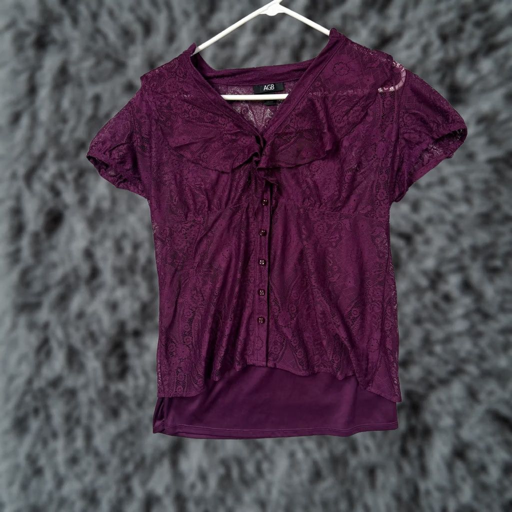 Vintage AGB Blouse L Short Sleeve Sheer Floral Lace Dark Romantic Feminine Bohemian Gothic Whimsigoth Indie Purple Women N/A Size L / US 10 / IT 46 - 1 Thumbnail