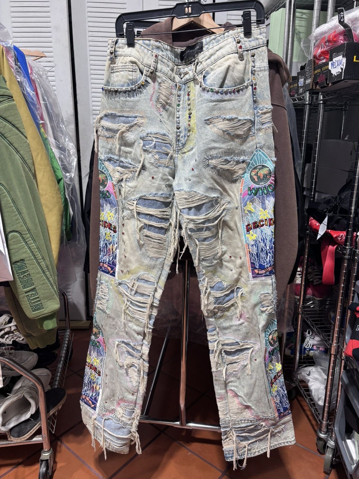 Who Decides War Stud Distressed Denim With Side Embroidery