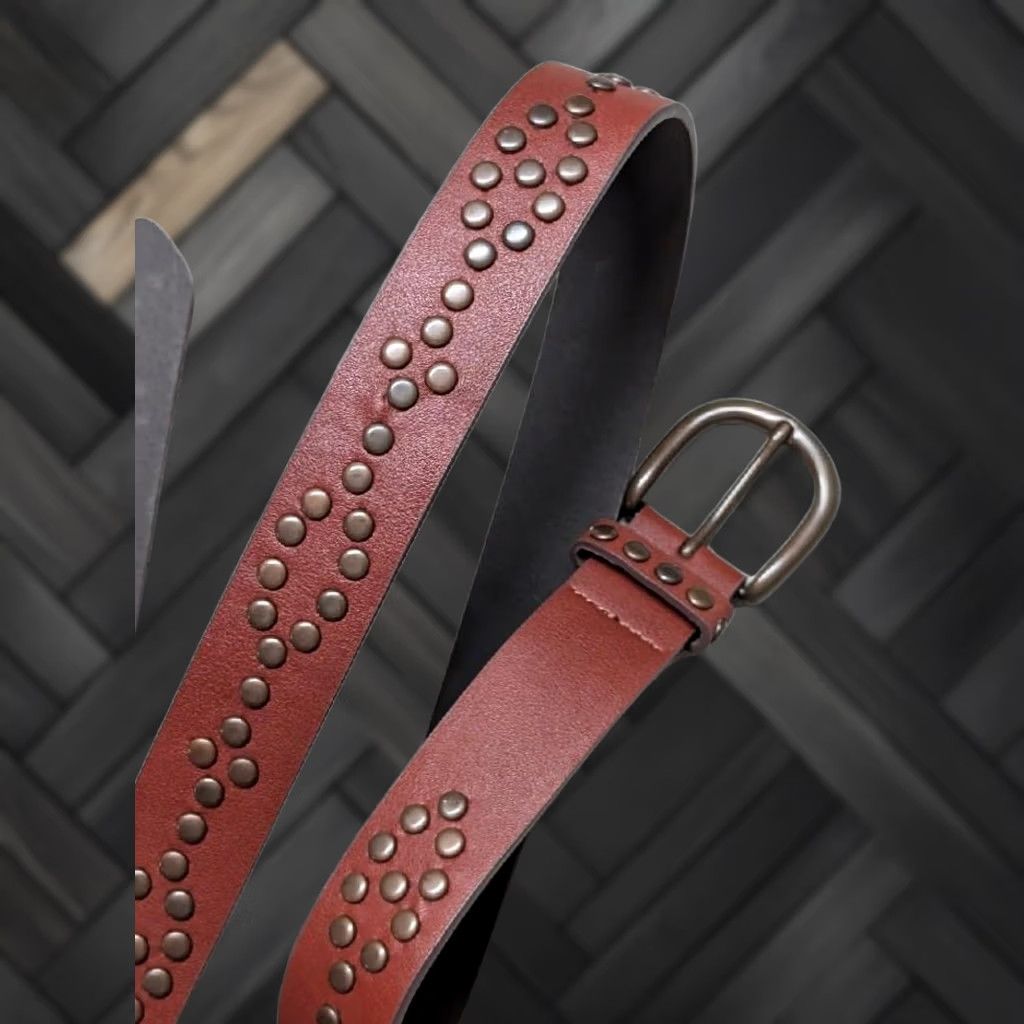 Hot Topic VINTAGE brown belt studded motorcycle punk 1990s Men 40 waist 1-1/4" synthetic leather pattern studded belt brown Mens 1990s motorcycle punk belt Size 40 - 1 Thumbnail