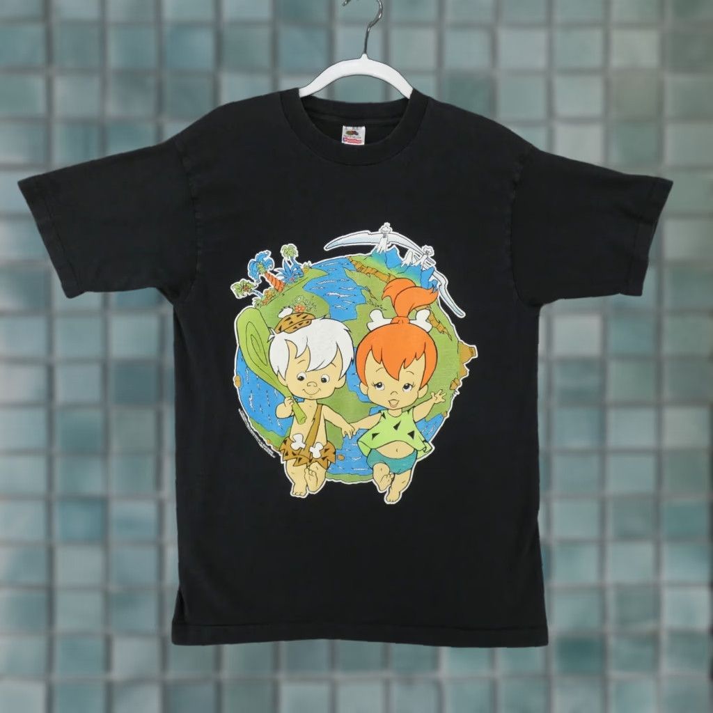 VINTAGE Flintstones Shirt Mens L Black Cotton BAM BAM Pebbles 1995 T-Shirt Logo Crew Neck Short Sleeve The Flintstones