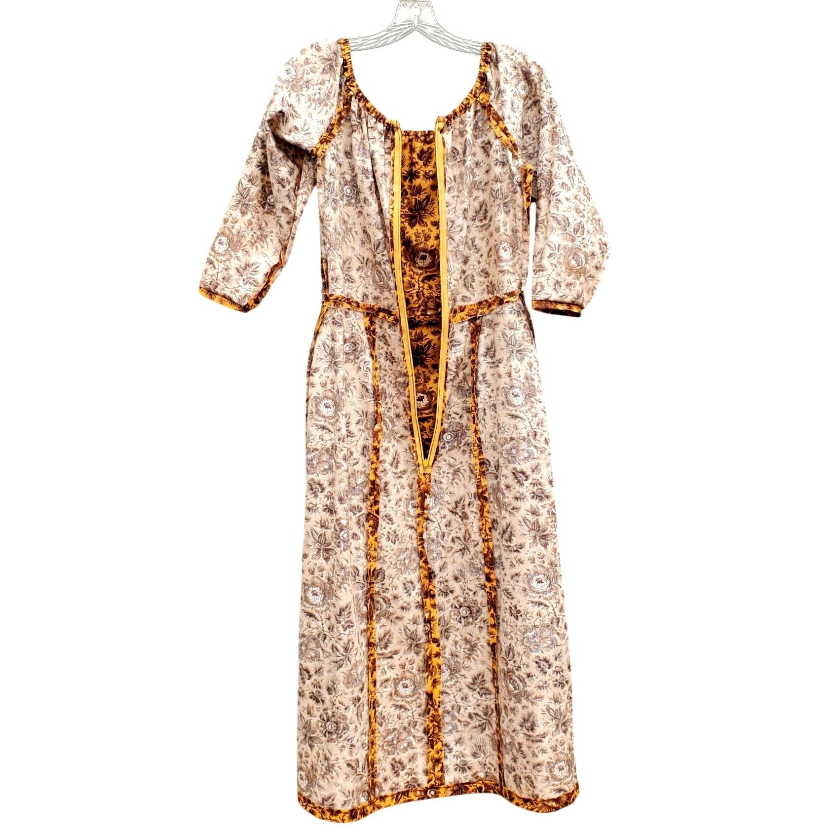 Handmade Vintage 70s Yellow Brown Floral Midi Dress Prairie Boho Autu Size L / US 10 / IT 46 - 5 Thumbnail